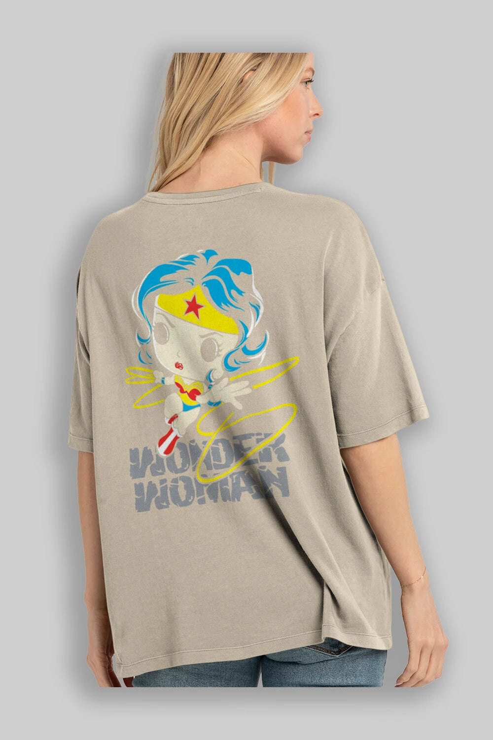 Wonder Woman Arka Baskılı Oversize t-shirt Erkek Kadın Unisex %100 Pamuk Bisiklet Yaka tişort