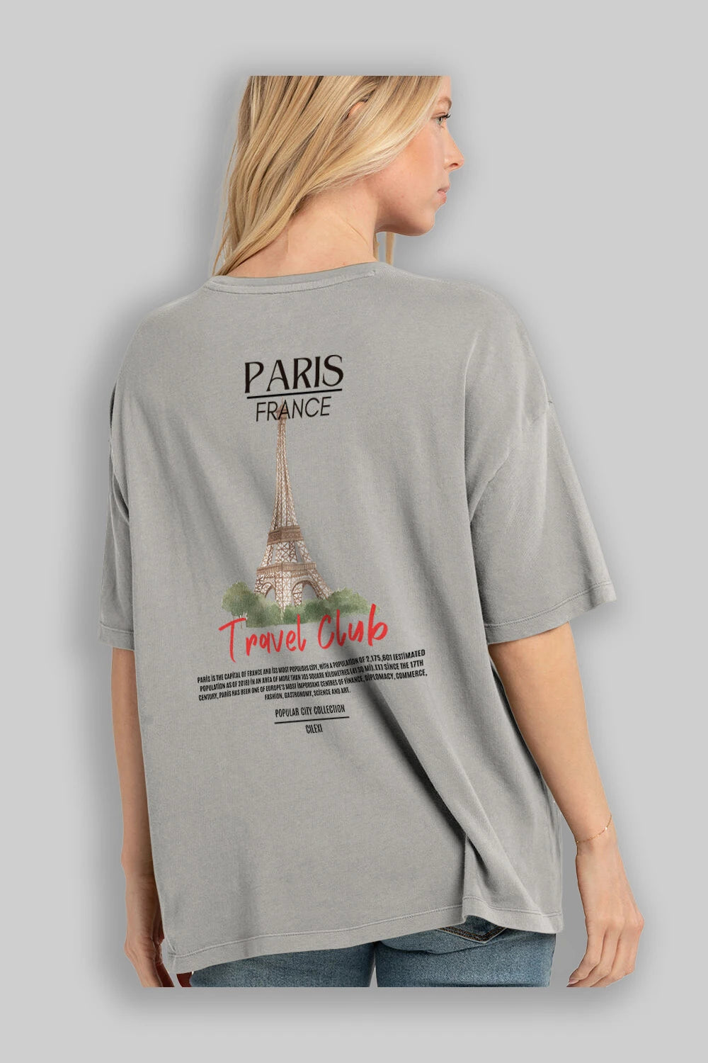 Paris France Arka Baskılı Oversize t-shirt Erkek Kadın Pamuk Bisiklet Yaka tişort