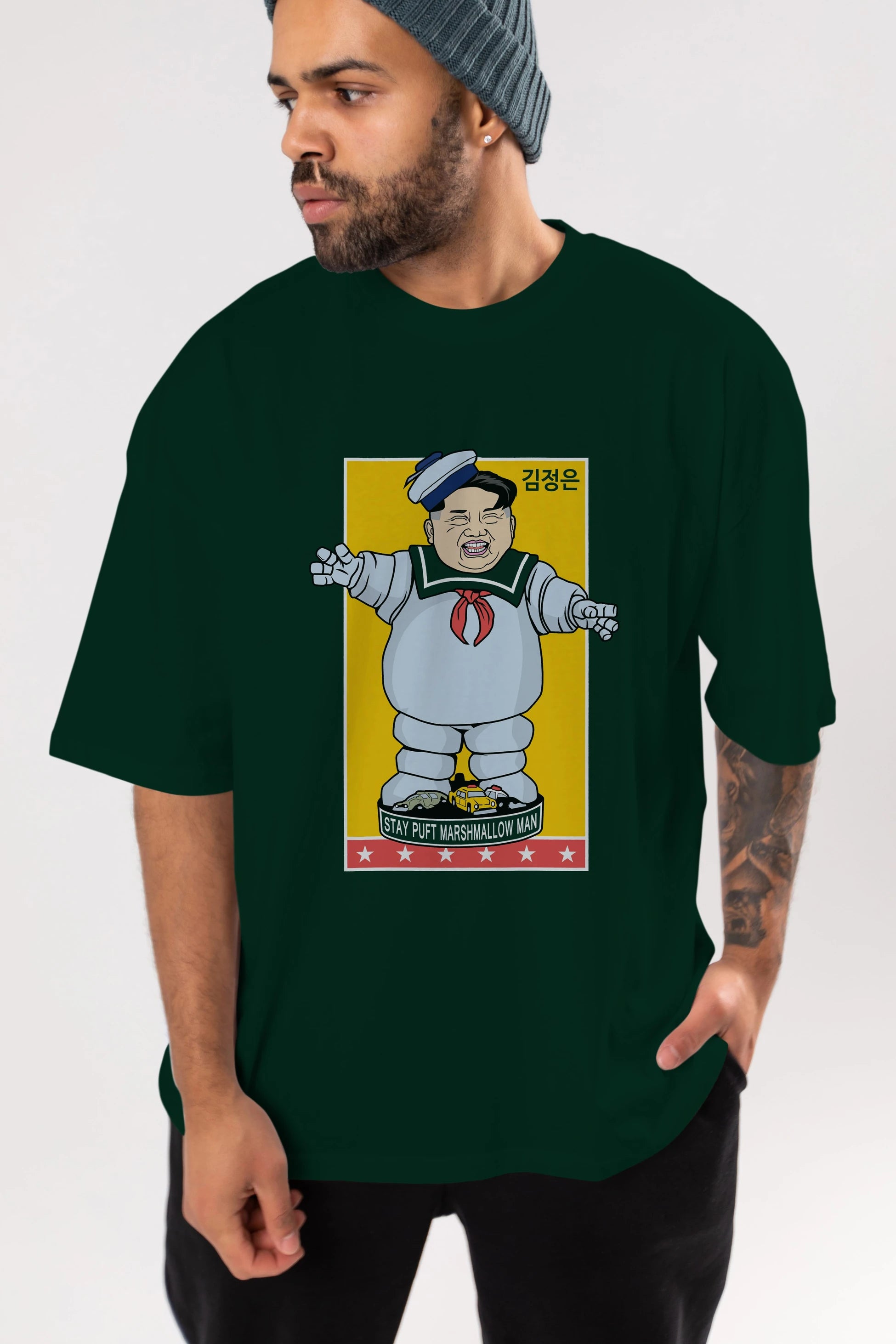 Stay Puft Jong Un Ön Baskılı Oversize t-shirt Erkek Kadın Unisex %100 Pamuk tişort