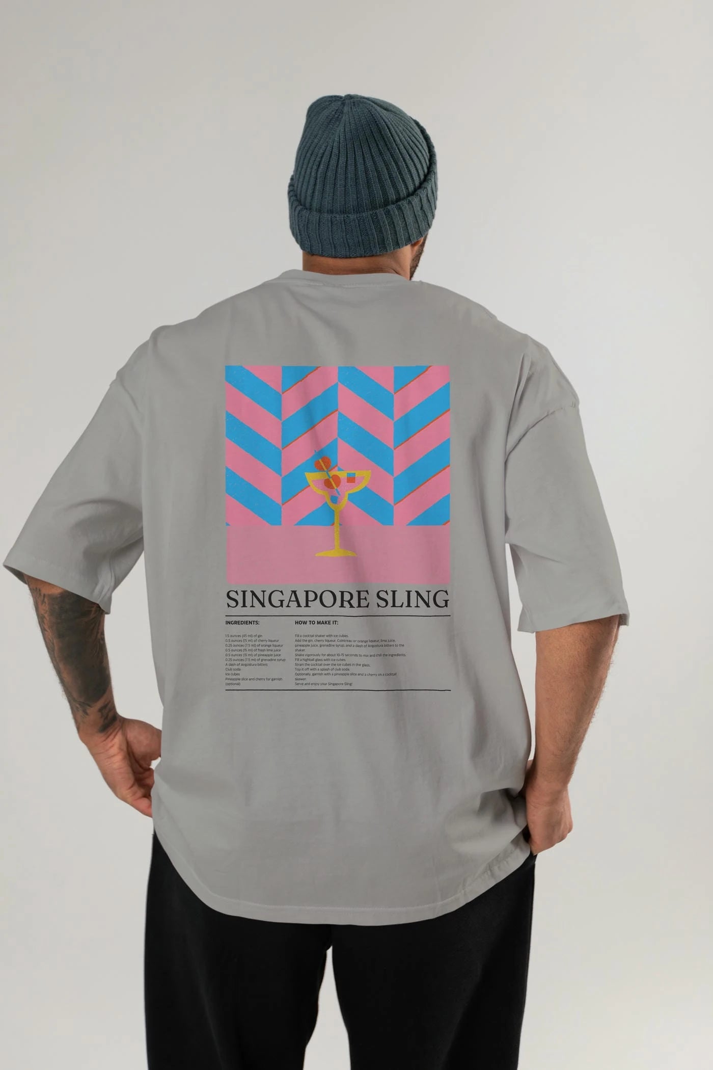 Singapore Sling Kokteyl Serisi Arka Baskılı Oversize t-shirt Erkek Kadın %100 Pamuk Bisiklet Yaka tişort