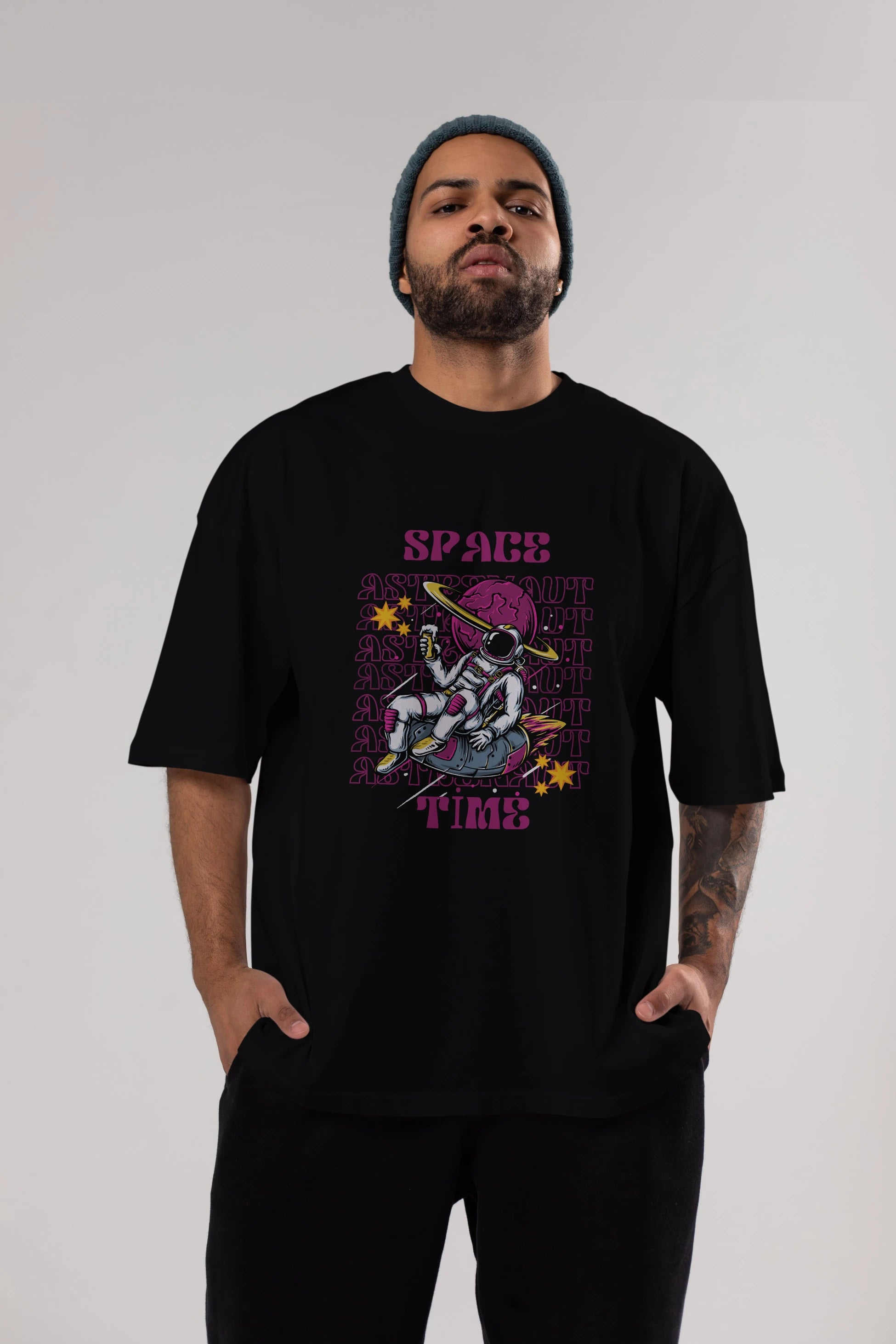 Space Time Astronaut Yazılı Ön Baskılı Oversize t-shirt Erkek Kadın Unisex
