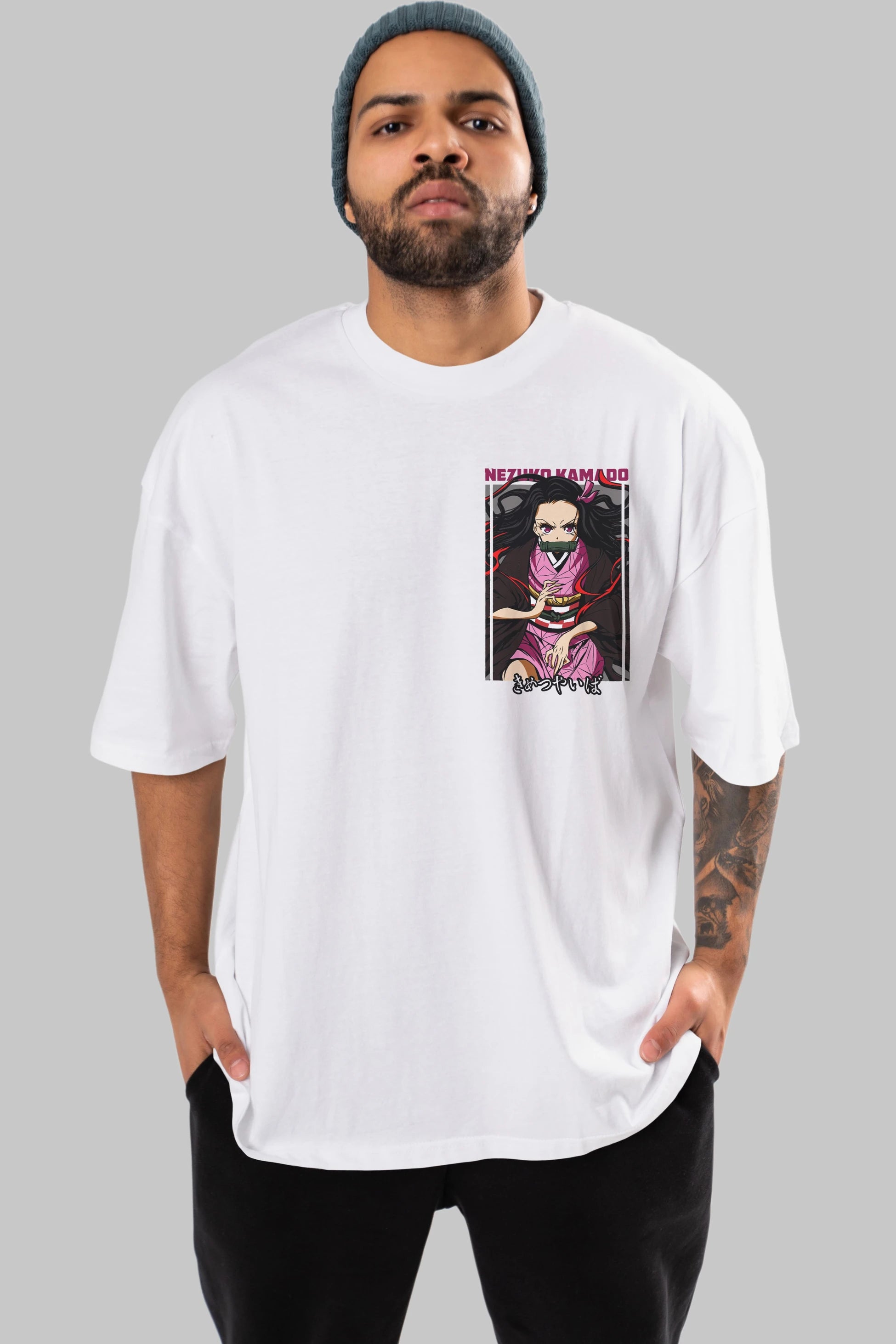Nezuko Kamado 1 Ön Sol Baskılı Oversize t-shirt Erkek Kadın Unisex %100 Pamuk Bisiklet Yaka tişort