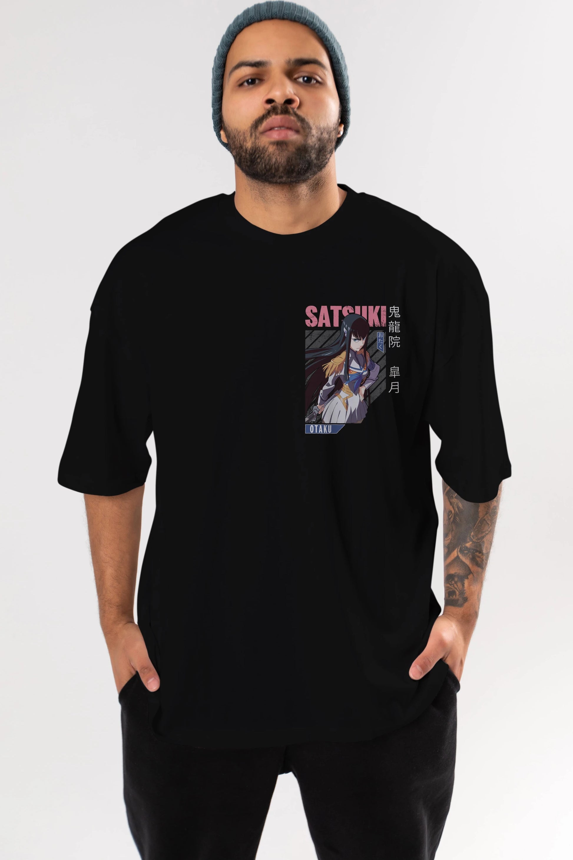 Satsuki Kiryuuin 8 Ön Sol Baskılı Oversize t-shirt Erkek Kadın Unisex %100 Pamuk Bisiklet Yaka tişort