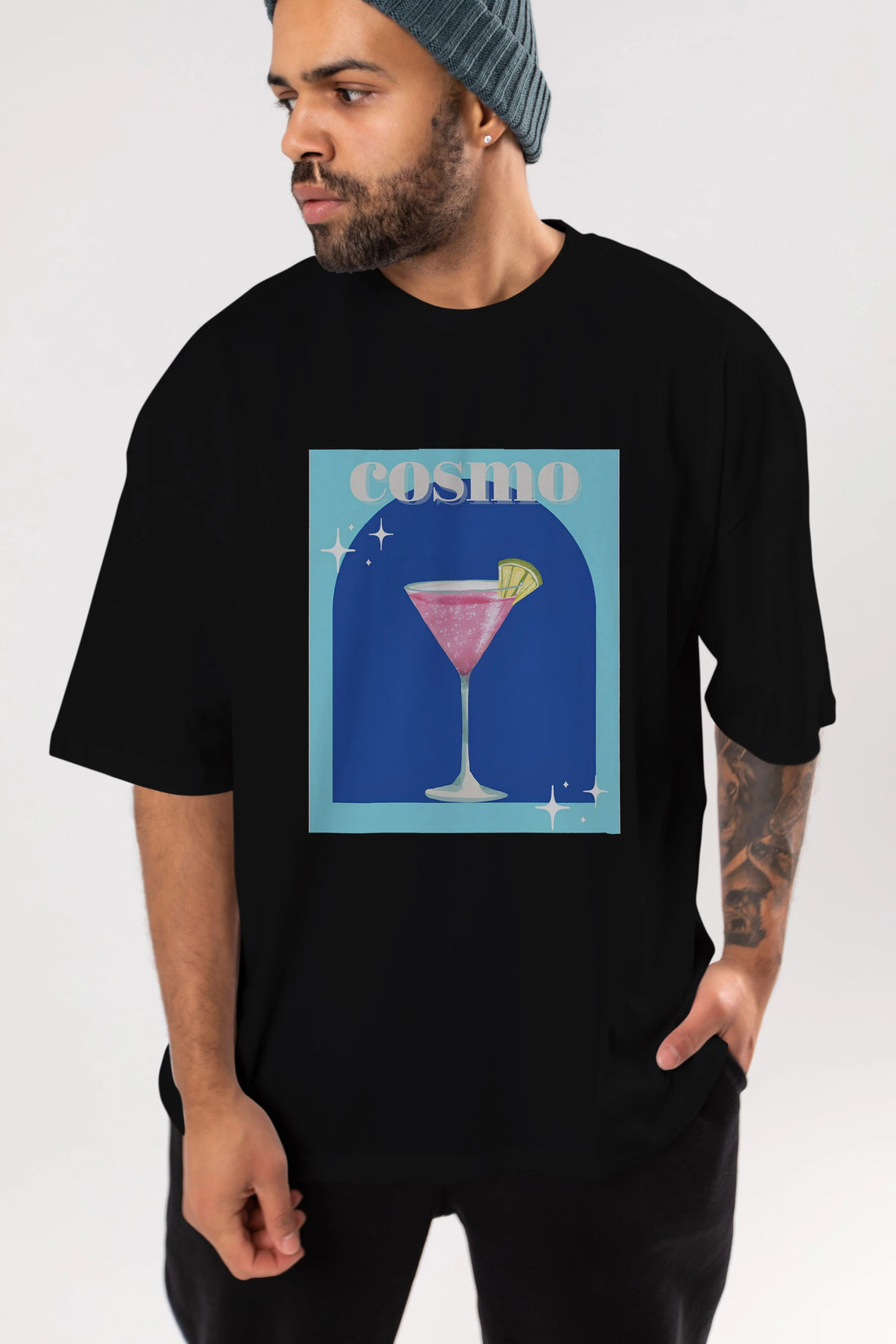 Cosmopolitan 2 Ön Baskılı Oversize t-shirt Erkek Kadın Unisex %100 Pamuk Bisiklet Yaka tişort