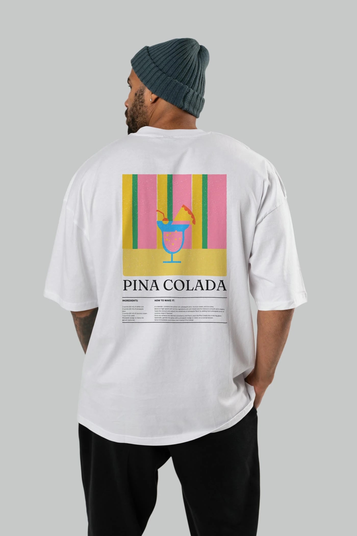 Pina Colada Kokteyl Serisi Arka Baskılı Oversize t-shirt Erkek Kadın %100 Pamuk Bisiklet Yaka tişort