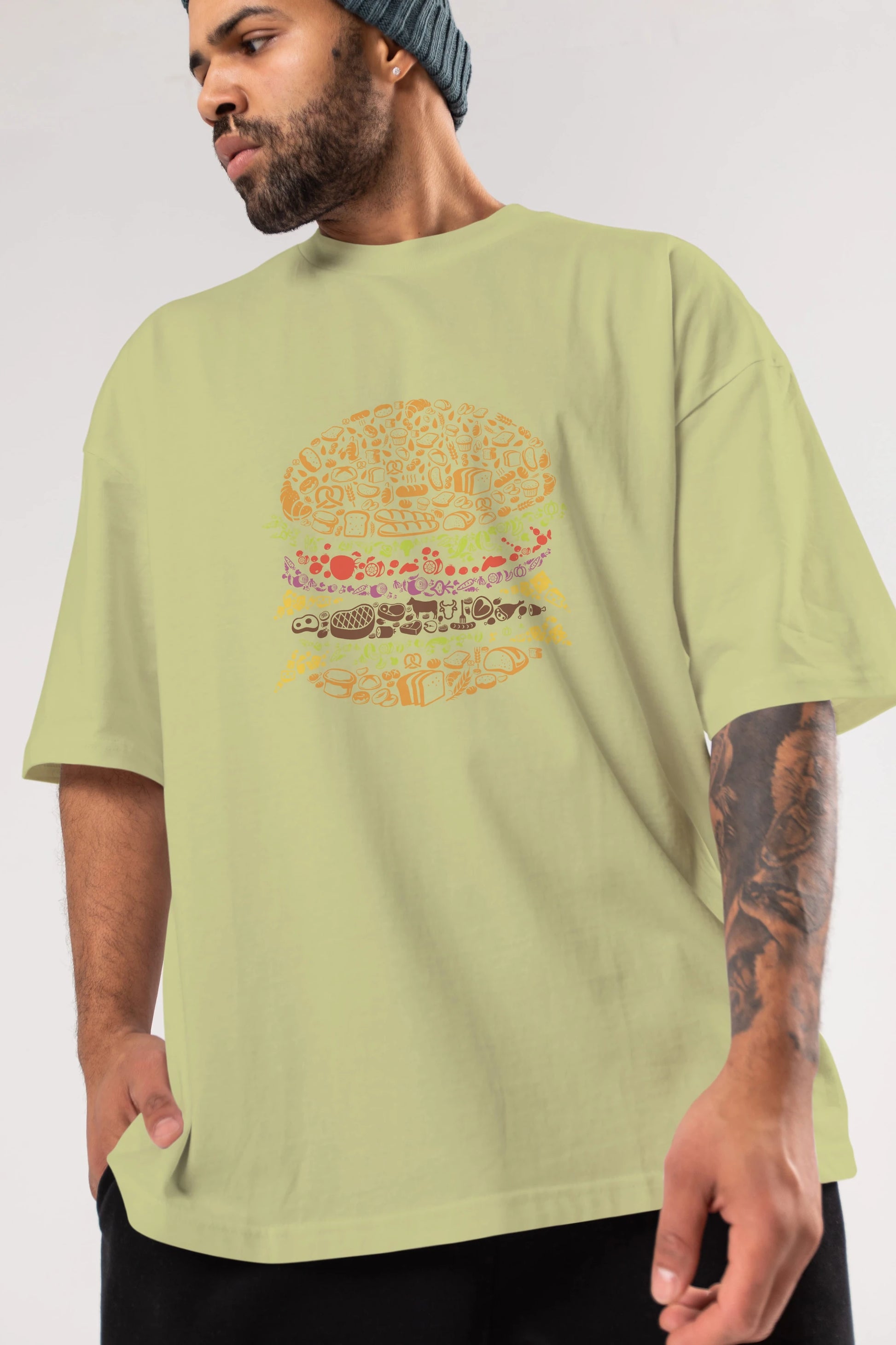 Burger Ön Baskılı Oversize t-shirt %100 pamuk Erkek Kadın Unisex