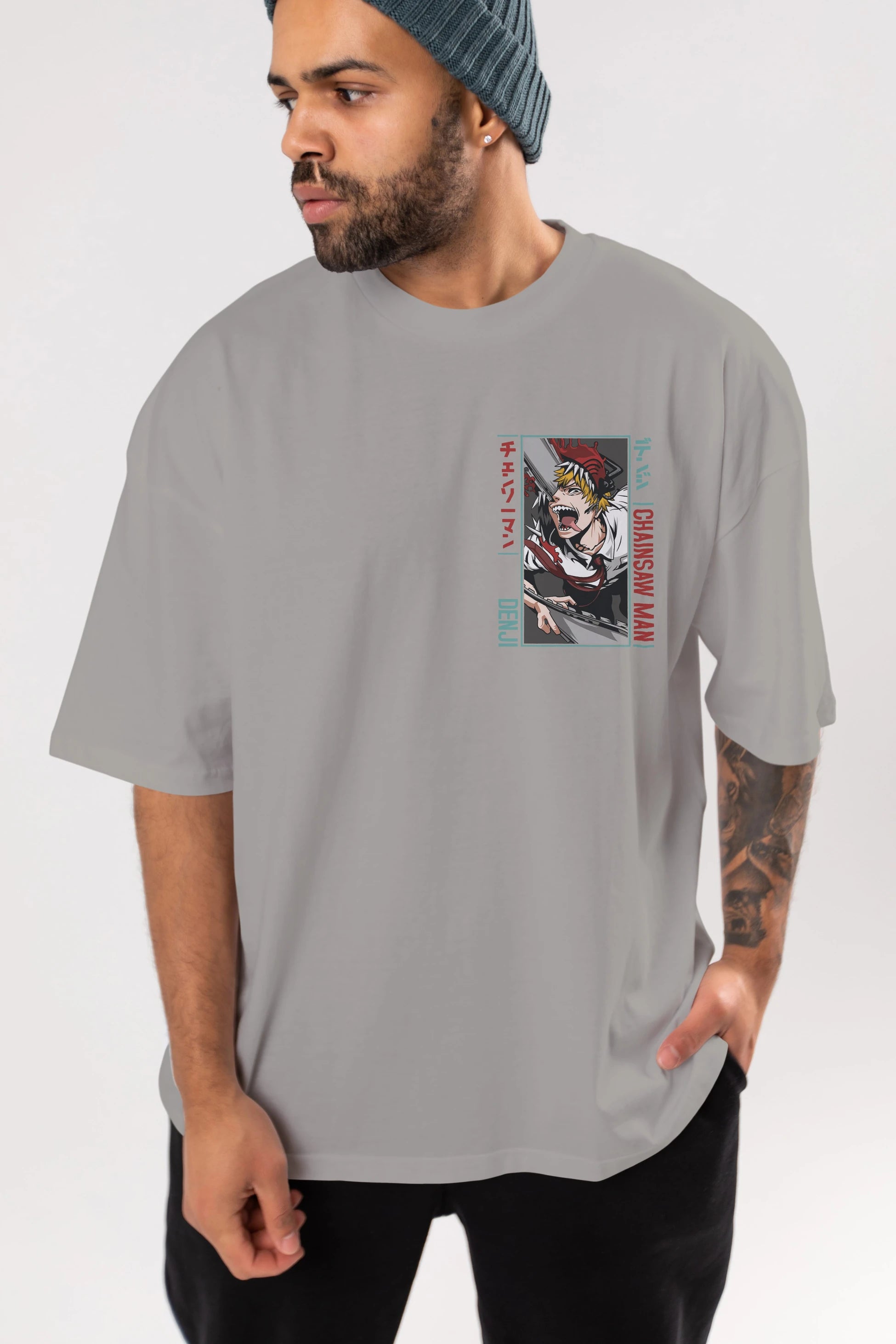 Denji Chainsaw Man Ön Sol Baskılı Oversize t-shirt Erkek Kadın Unisex %100 Pamuk Bisiklet Yaka tişort