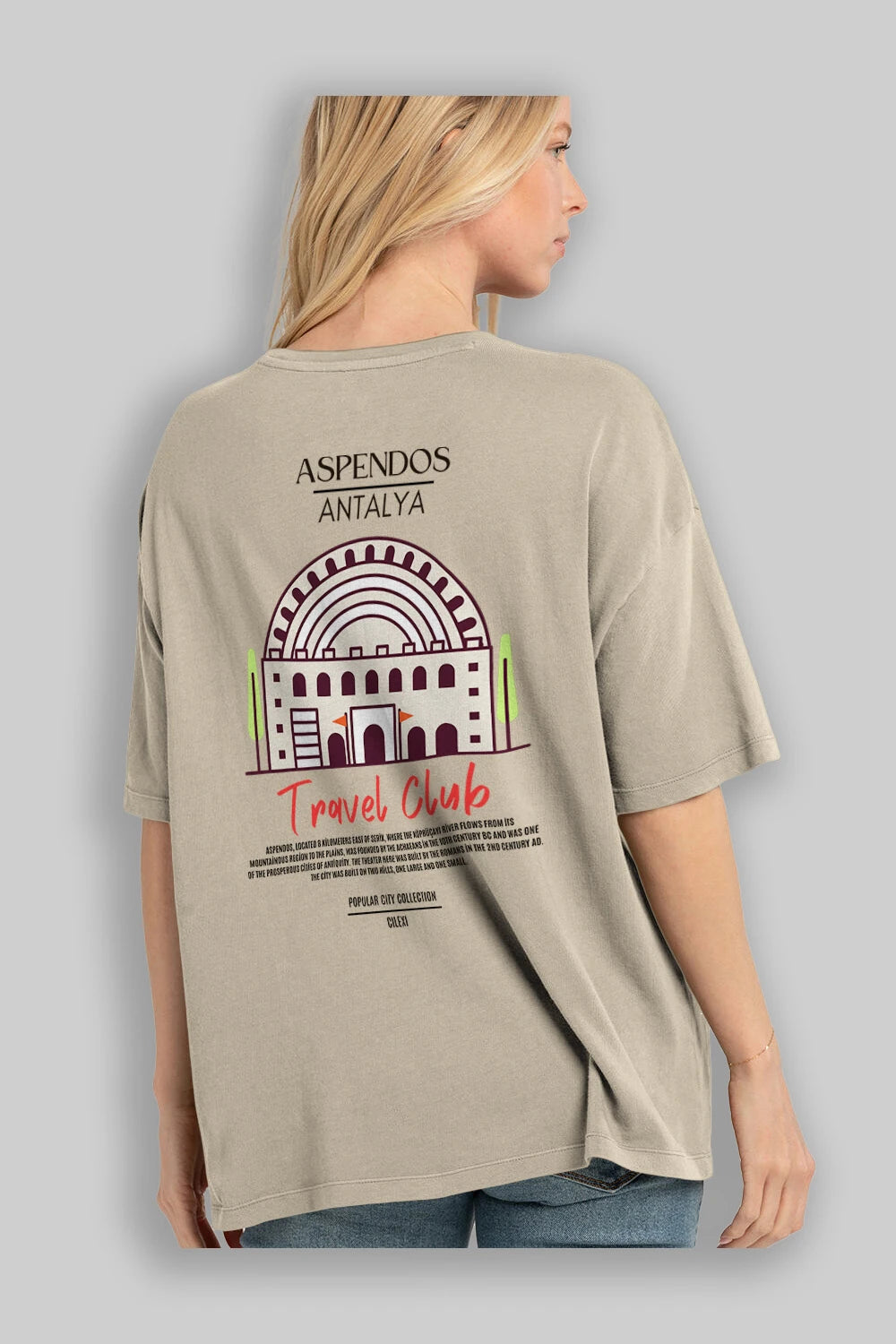 Aspendos Antalya Arka Baskılı Oversize t-shirt Erkek Kadın Pamuk Bisiklet Yaka tişort