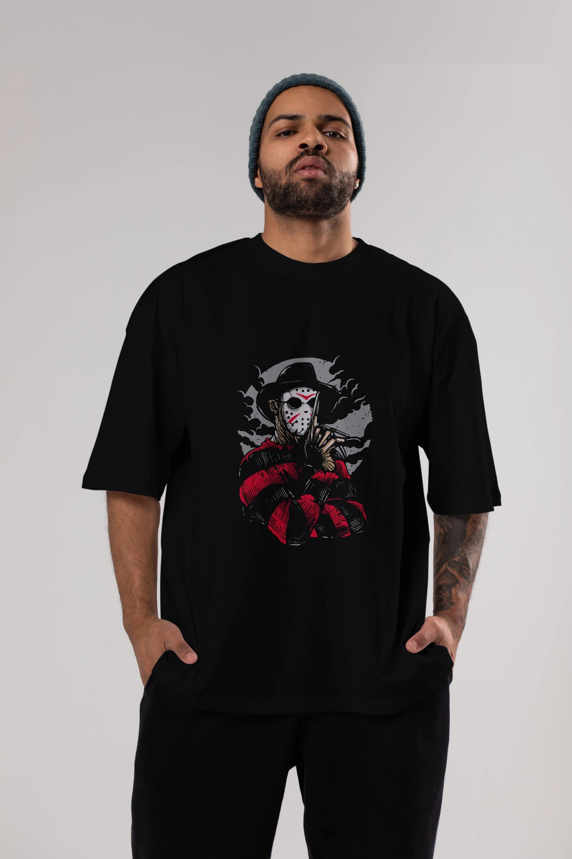 Freddy VS Jason (2) Ön Baskılı Oversize t-shirt Erkek Kadın Unisex %100 Pamuk tişort