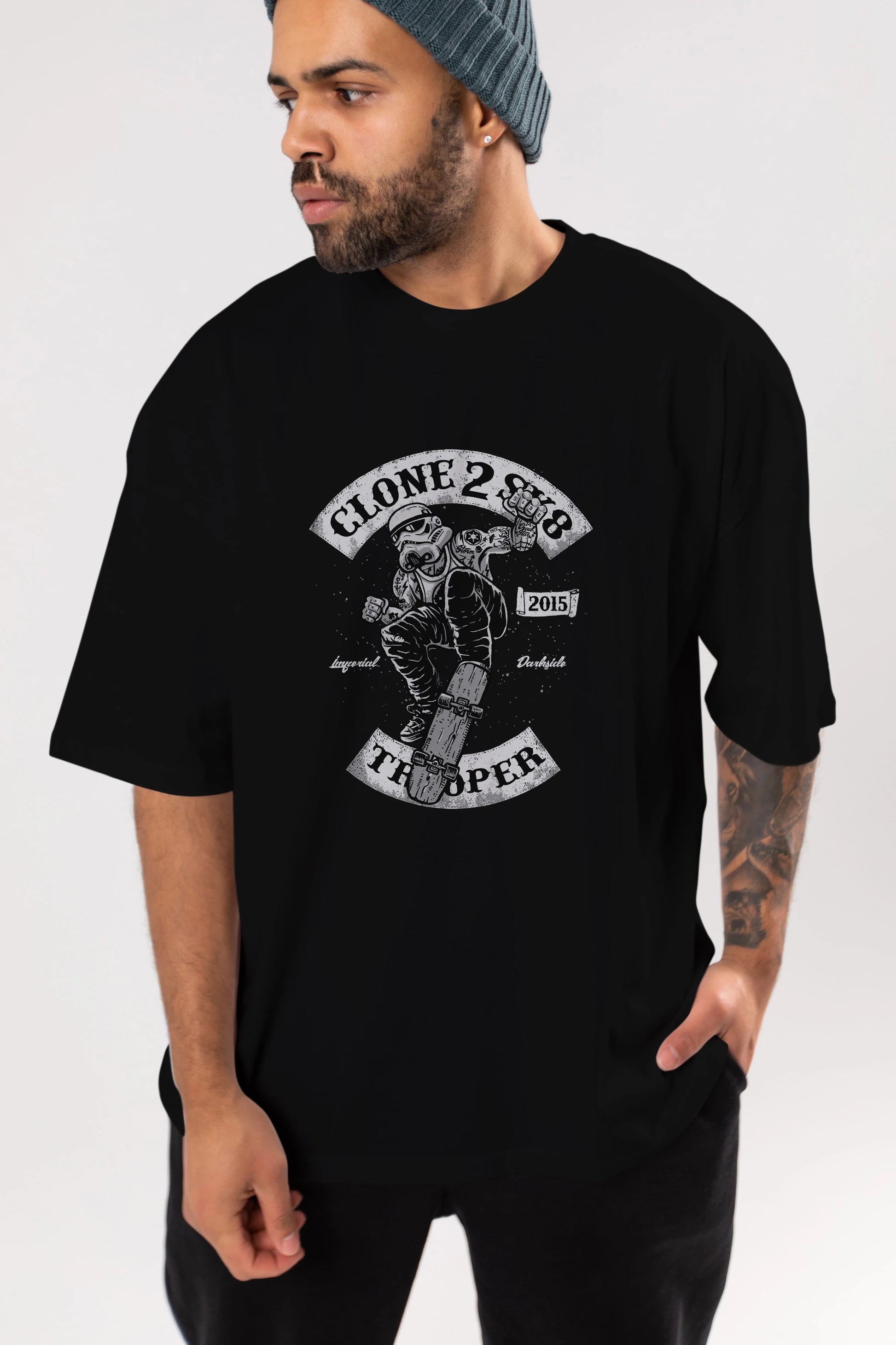 Clone 2 Sk8 Ön Baskılı Oversize t-shirt Erkek Kadın Unisex %100 Pamuk tişort