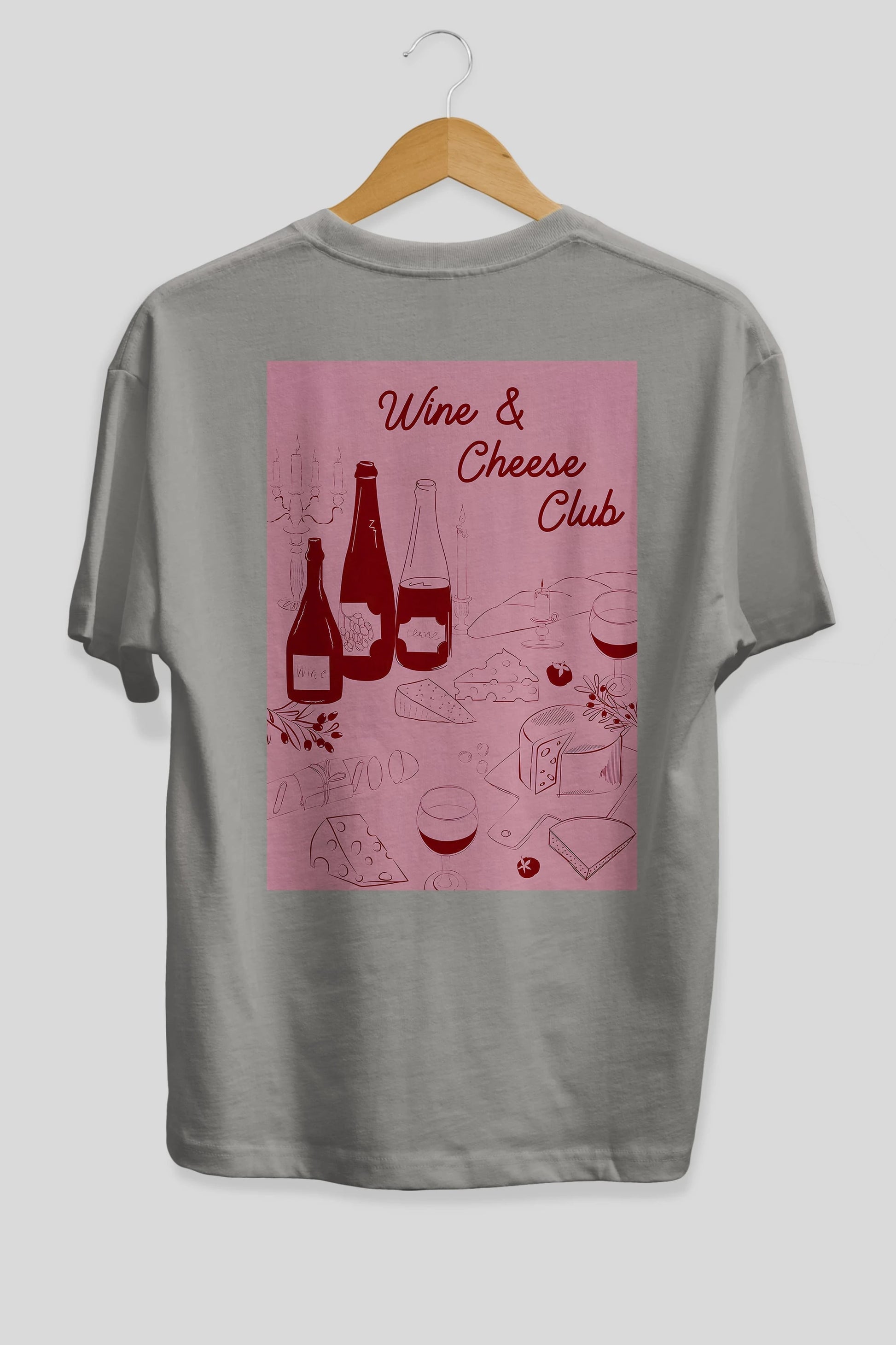 Wine Cheese Club Arka Baskılı Oversize t-shirt Erkek Kadın Unisex %100 Pamuk Bisiklet Yaka tişort