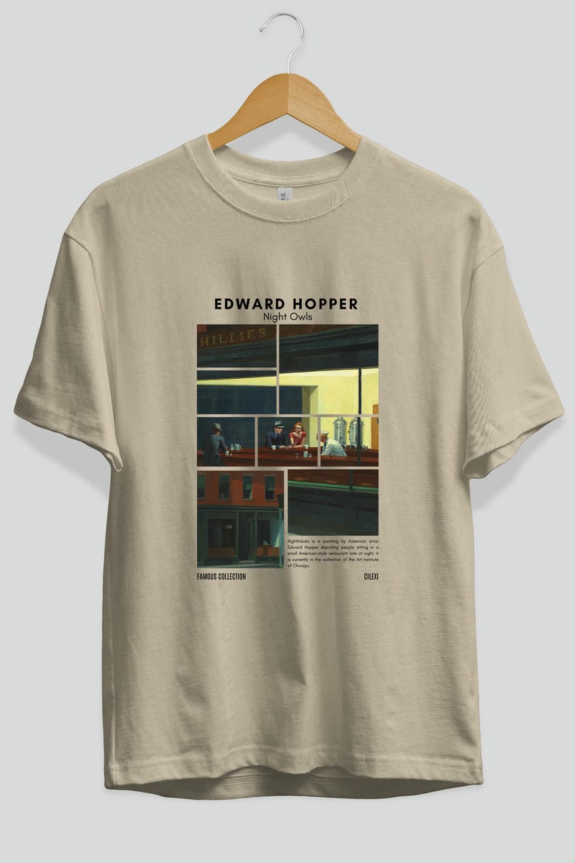 Edward Hopper Night Owls ön Baskılı Oversize t-shirt Erkek Kadın Bisiklet Yaka Pamuk tişort