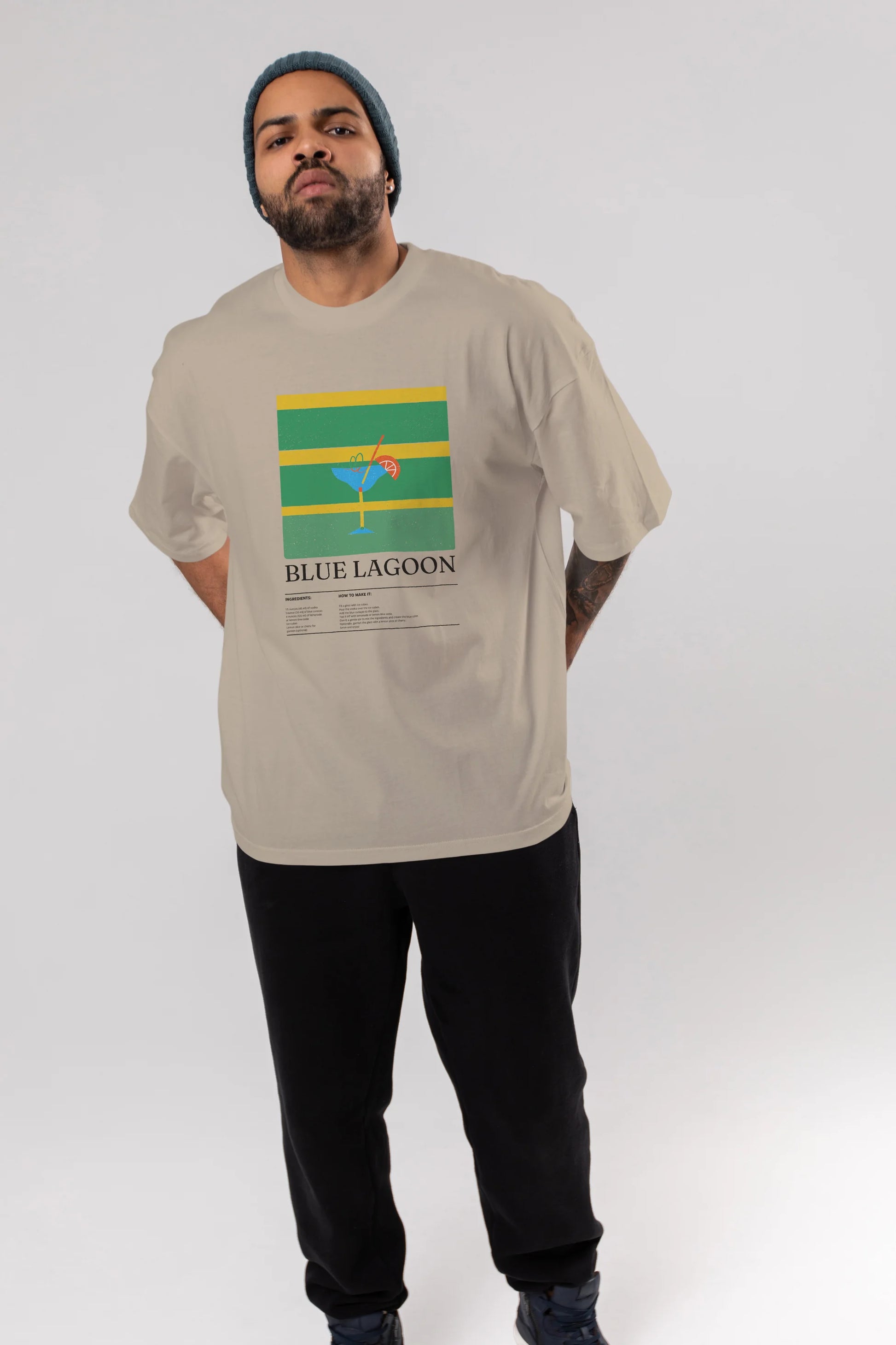 Blue Lagoon Kokteyl Ön Baskılı Oversize t-shirt Erkek Kadın %100 Pamuk Bisiklet Yaka tişort