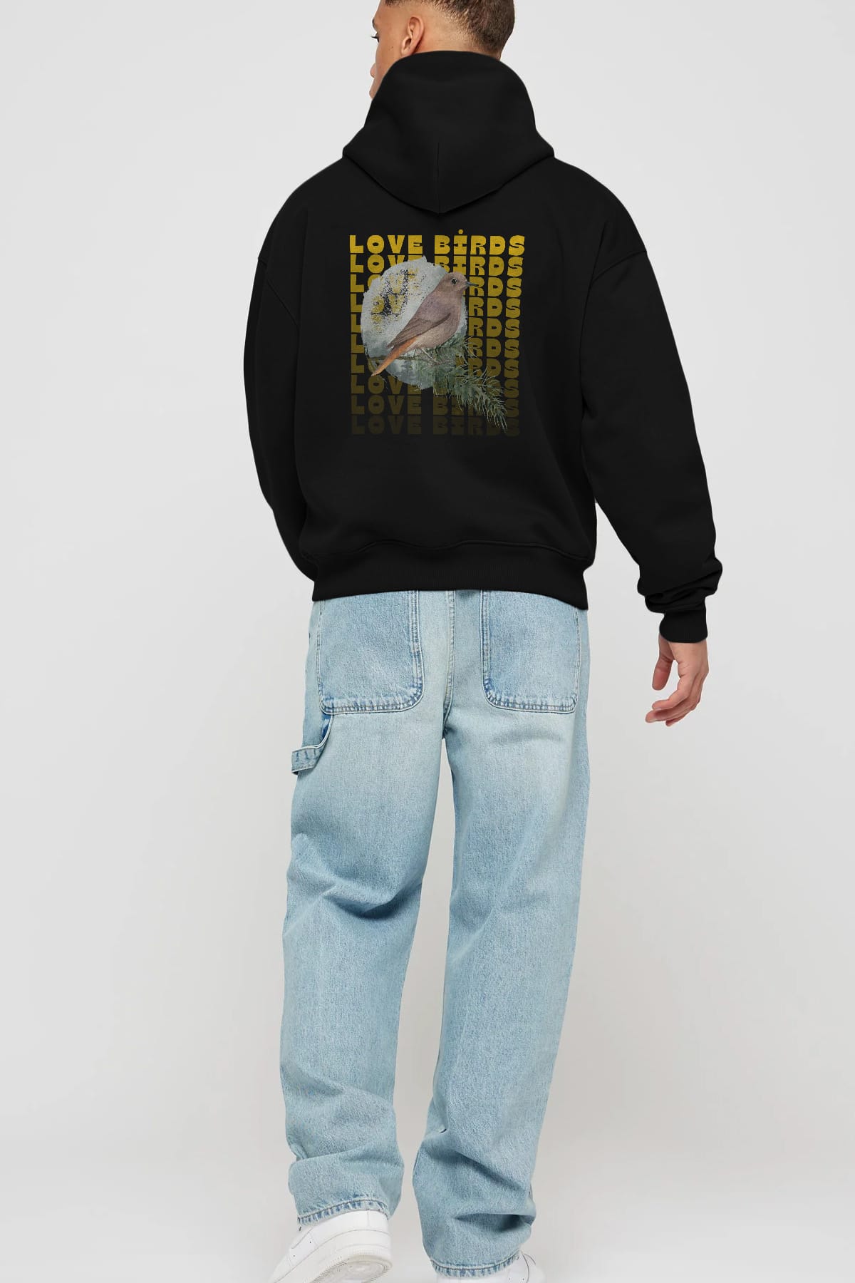 Love Birds Yazılı Arka Baskılı Oversize Hoodie Kapüşonlu Sweatshirt Erkek Kadın Unisex