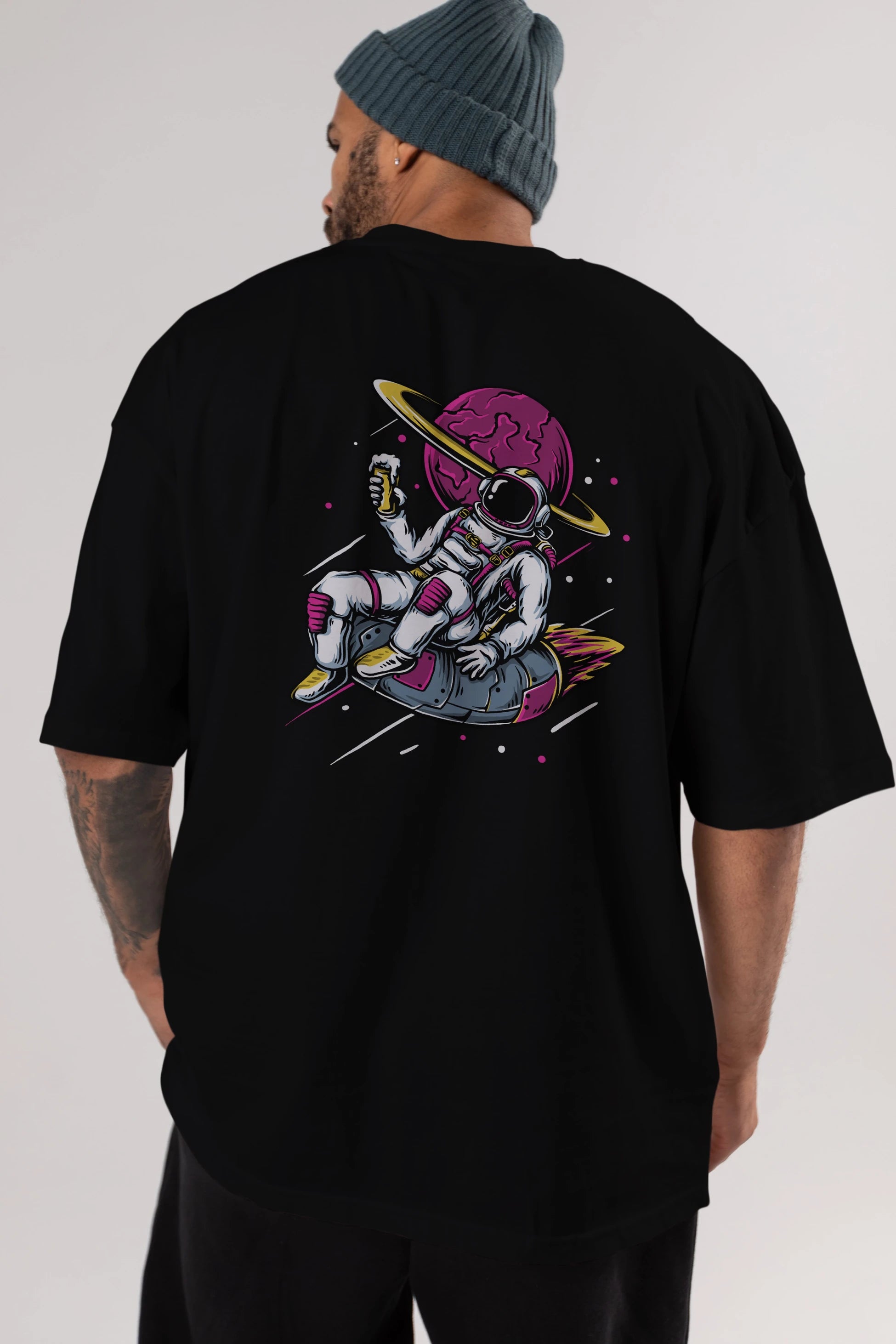 Astronaut Beer Arka Baskılı Oversize t-shirt Erkek Kadın Unisex