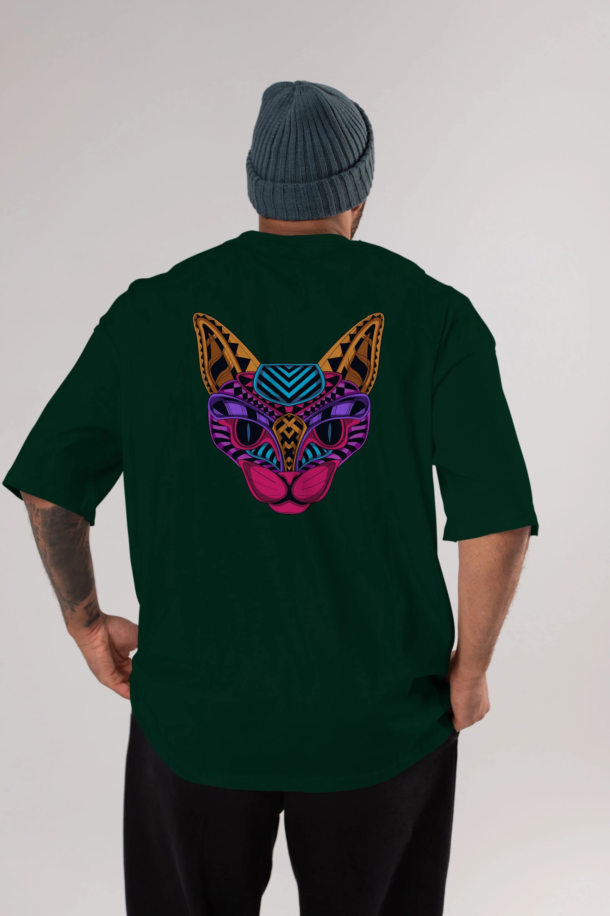 Black Neon Cat Arka Baskılı Oversize t-shirt Erkek Kadın Unisex