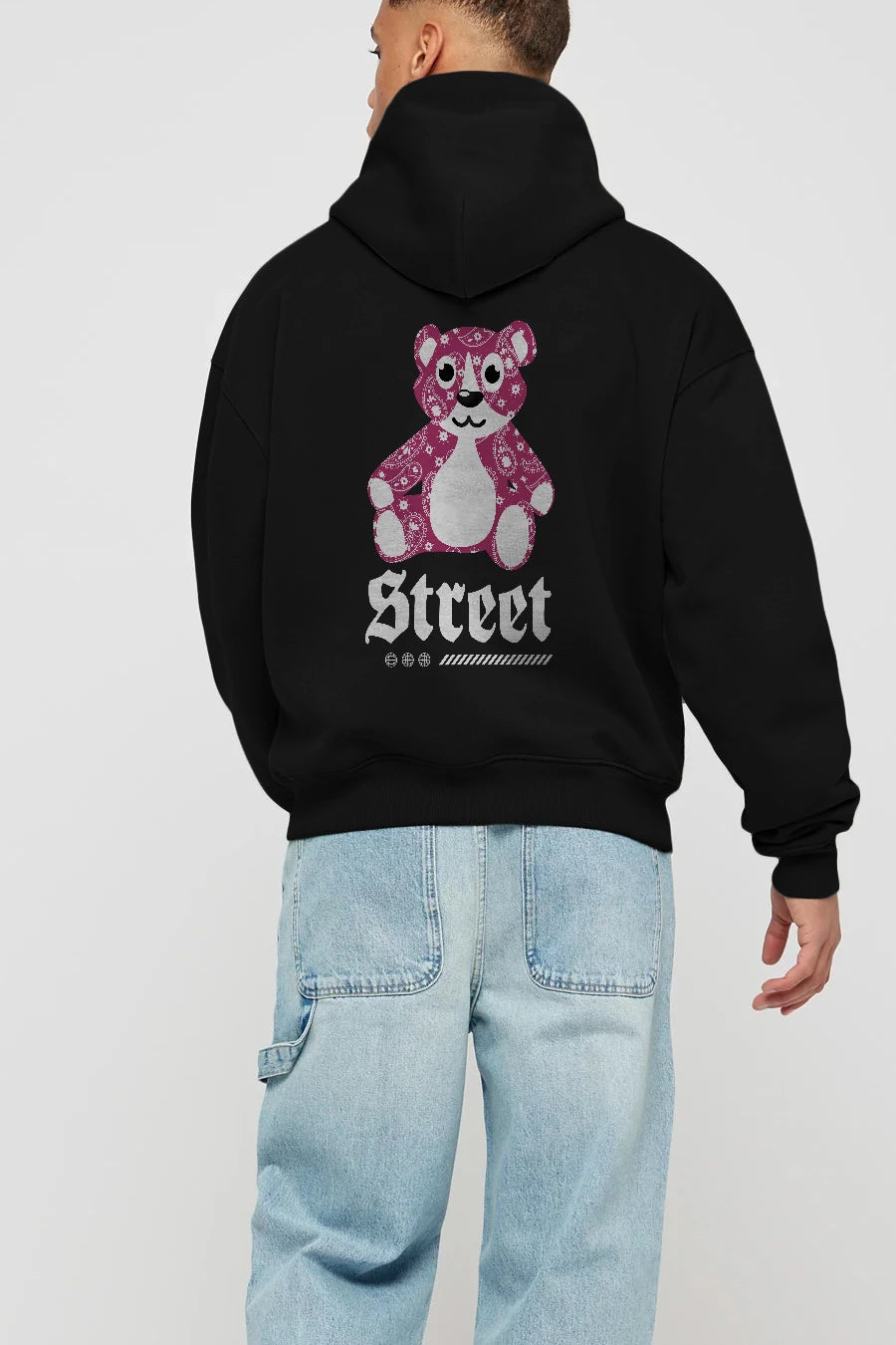Street Bear Arka Baskılı Hoodie Oversize Kapüşonlu Sweatshirt Erkek Kadın Unisex
