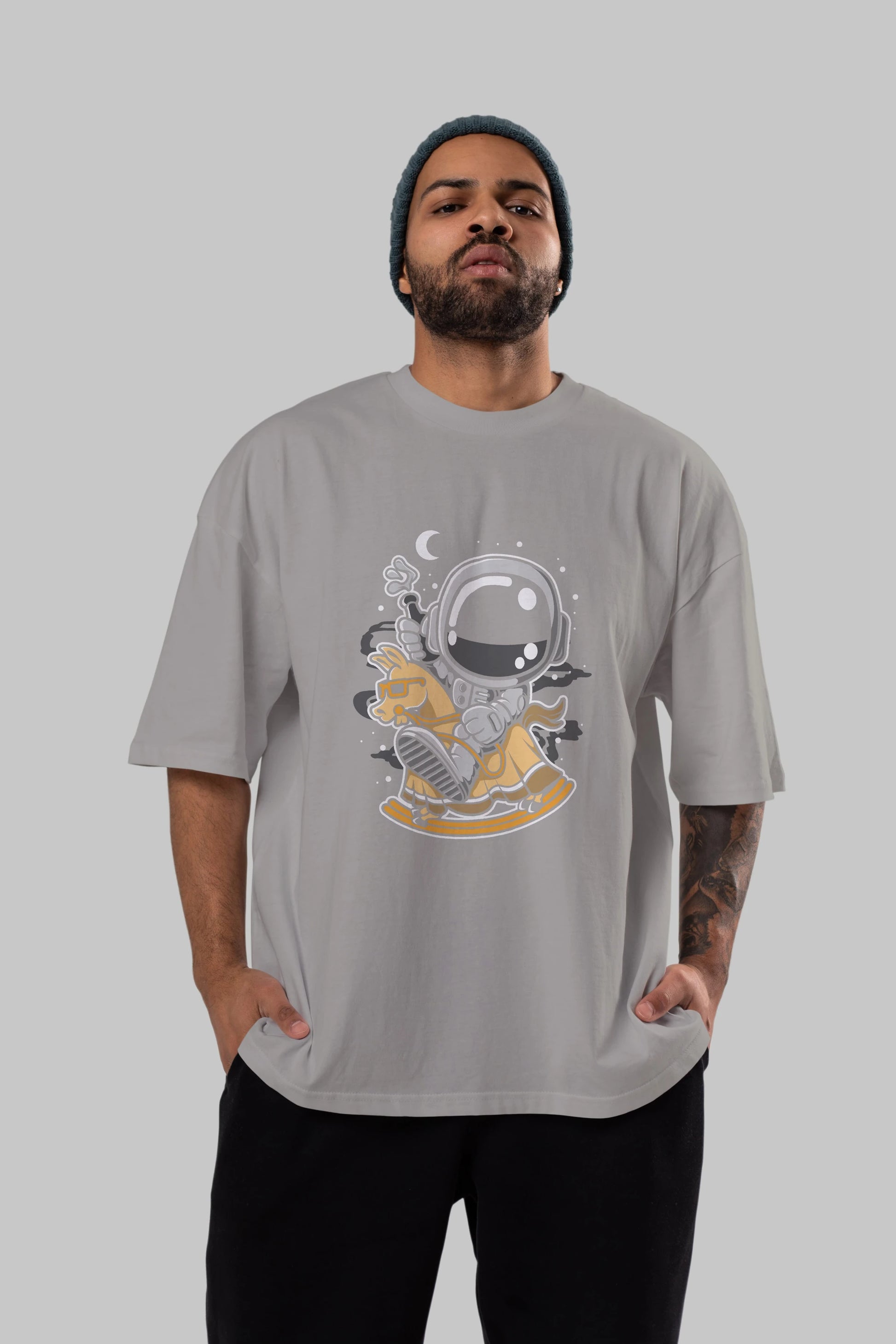 Astronaut RidingToy Horse Ön Baskılı Oversize t-shirt Erkek Kadın Unisex