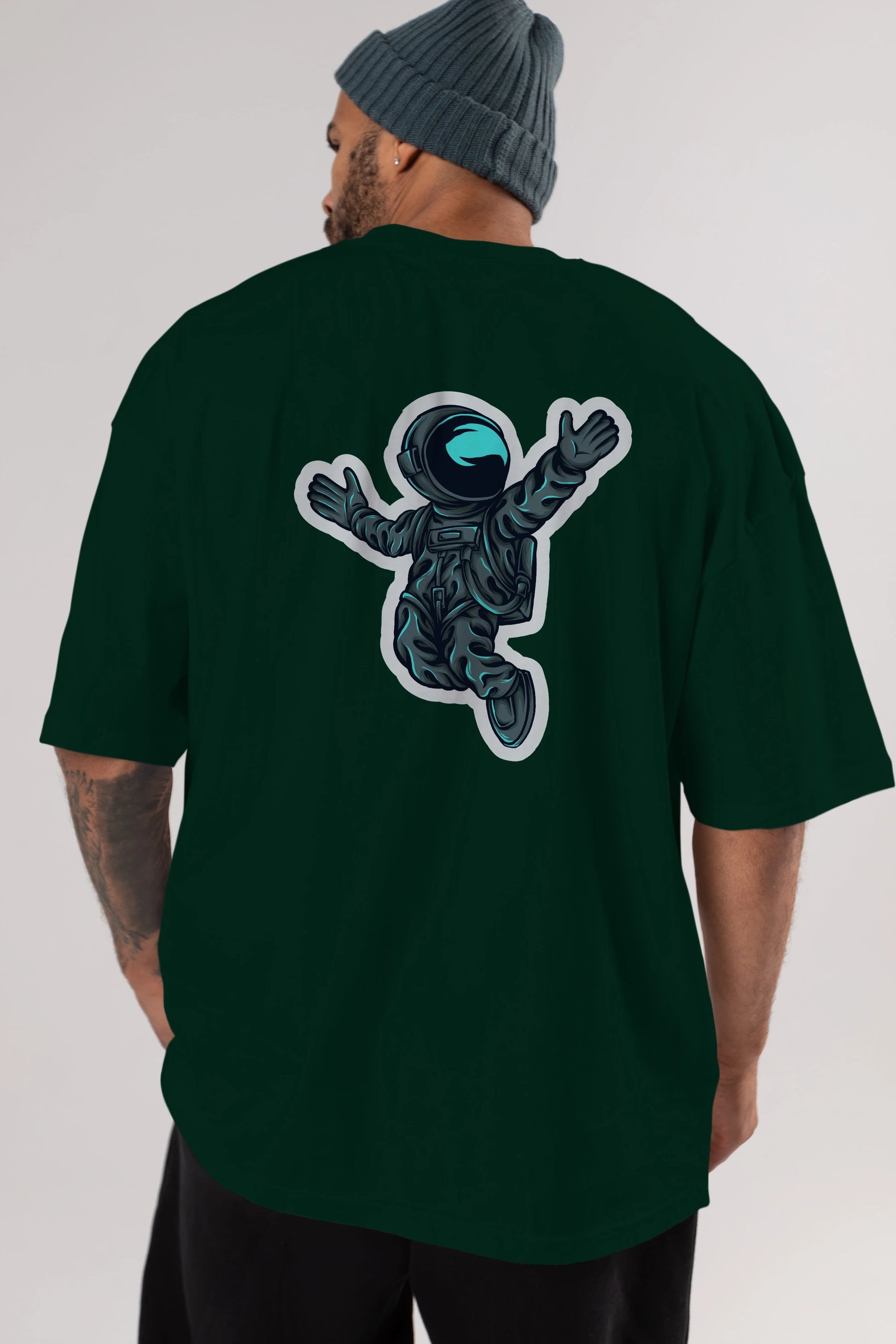 Happy Astronaut Sticker Arka Baskılı Oversize t-shirt Erkek Kadın Unisex