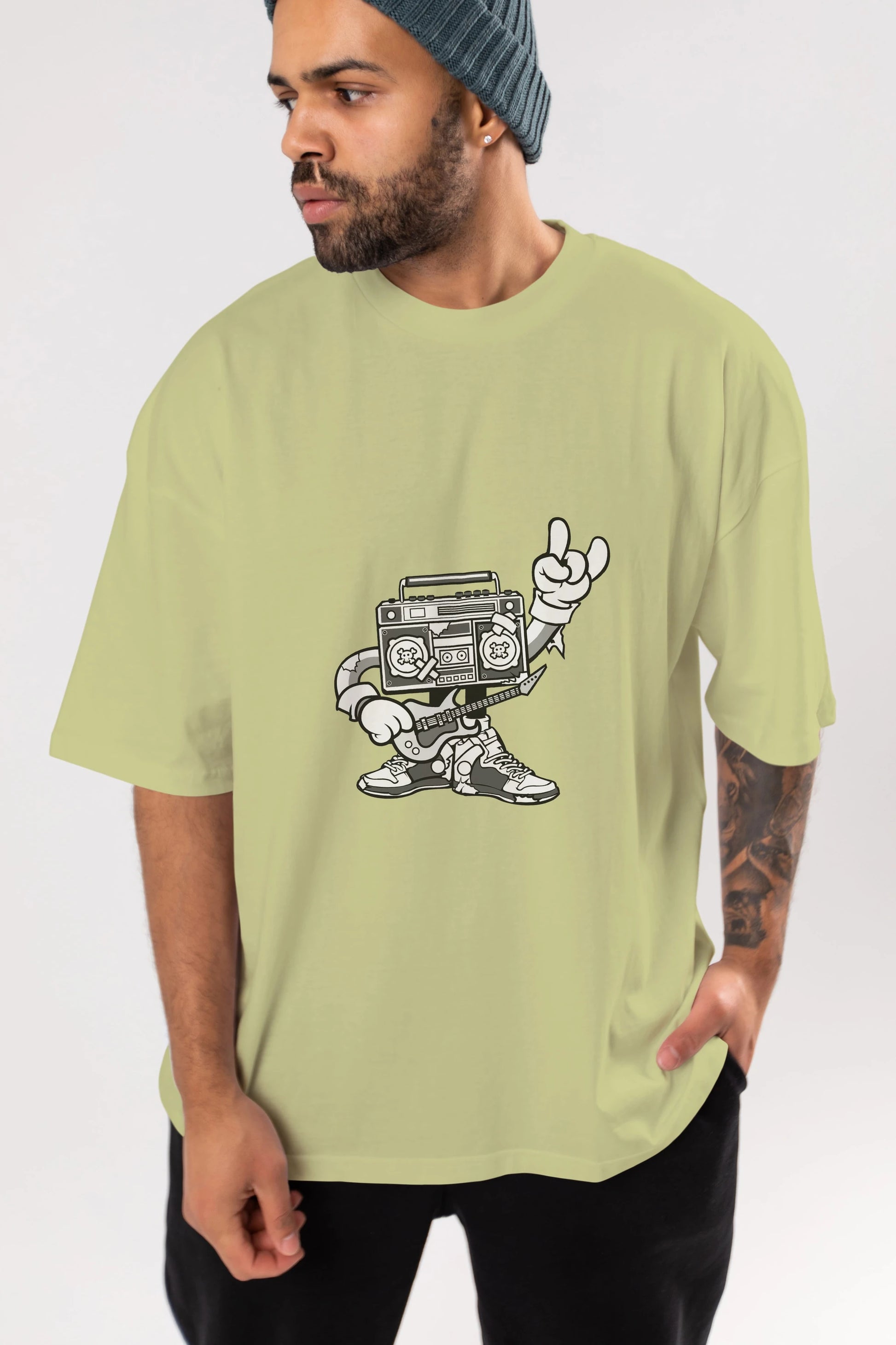 Boombox Rockstar Ön Baskılı Oversize t-shirt Erkek Kadın Unisex %100 Pamuk tişort