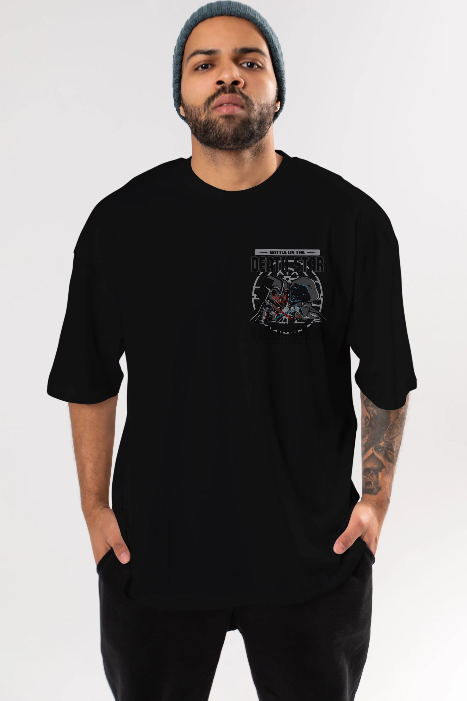 Vader Kenobi Ön Sol Baskılı Oversize t-shirt Erkek Kadın Unisex %100 Pamuk Bisiklet Yaka tişort