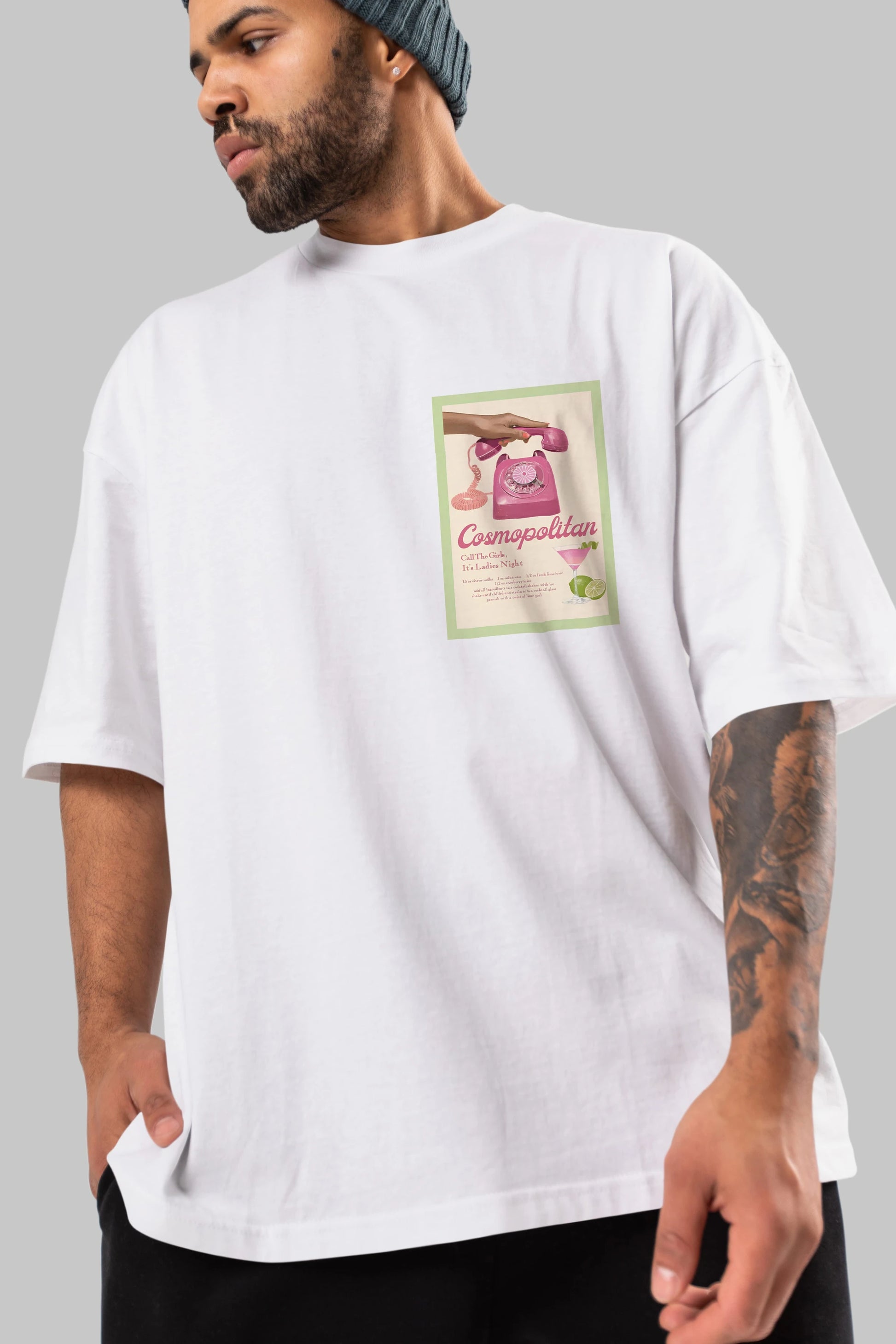 Cosmopolitan 5 Ön Sol Baskılı Oversize t-shirt Erkek Kadın Unisex %100 Pamuk Bisiklet Yaka tişort