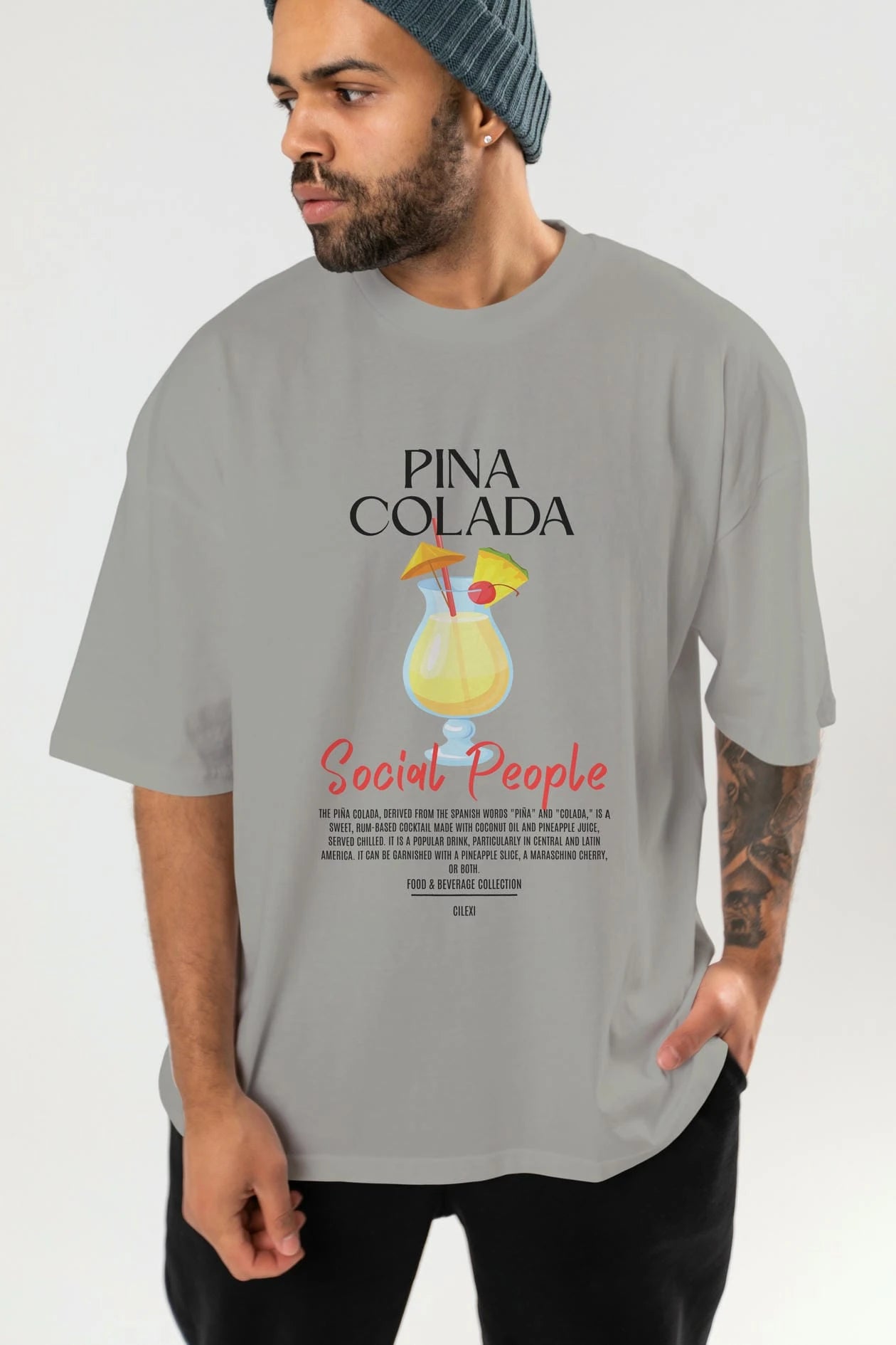 Pına Colada Kokteyl Serisi ön Baskılı Oversize t-shirt Erkek Kadın %100 Pamuk Bisiklet Yaka tişort