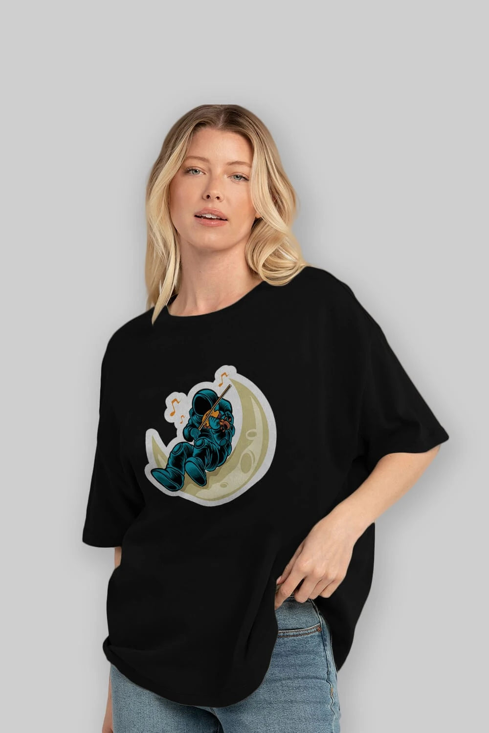 Playing Vionist in Space Sticker Ön Baskılı Oversize t-shirt Erkek Kadın Unisex