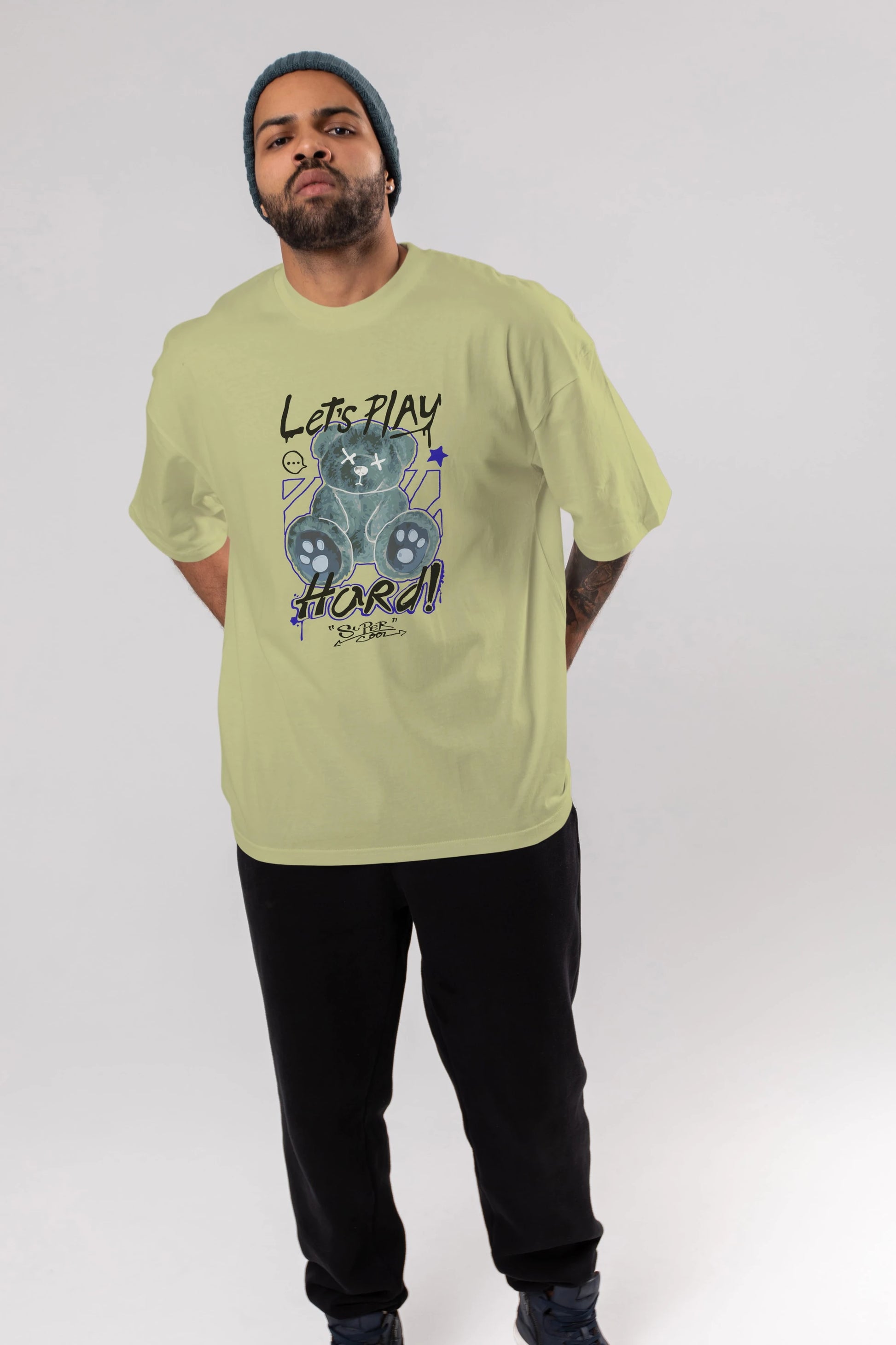 Lets Play Hard Bear Ön Baskılı Oversize t-shirt Erkek Kadın Unisex