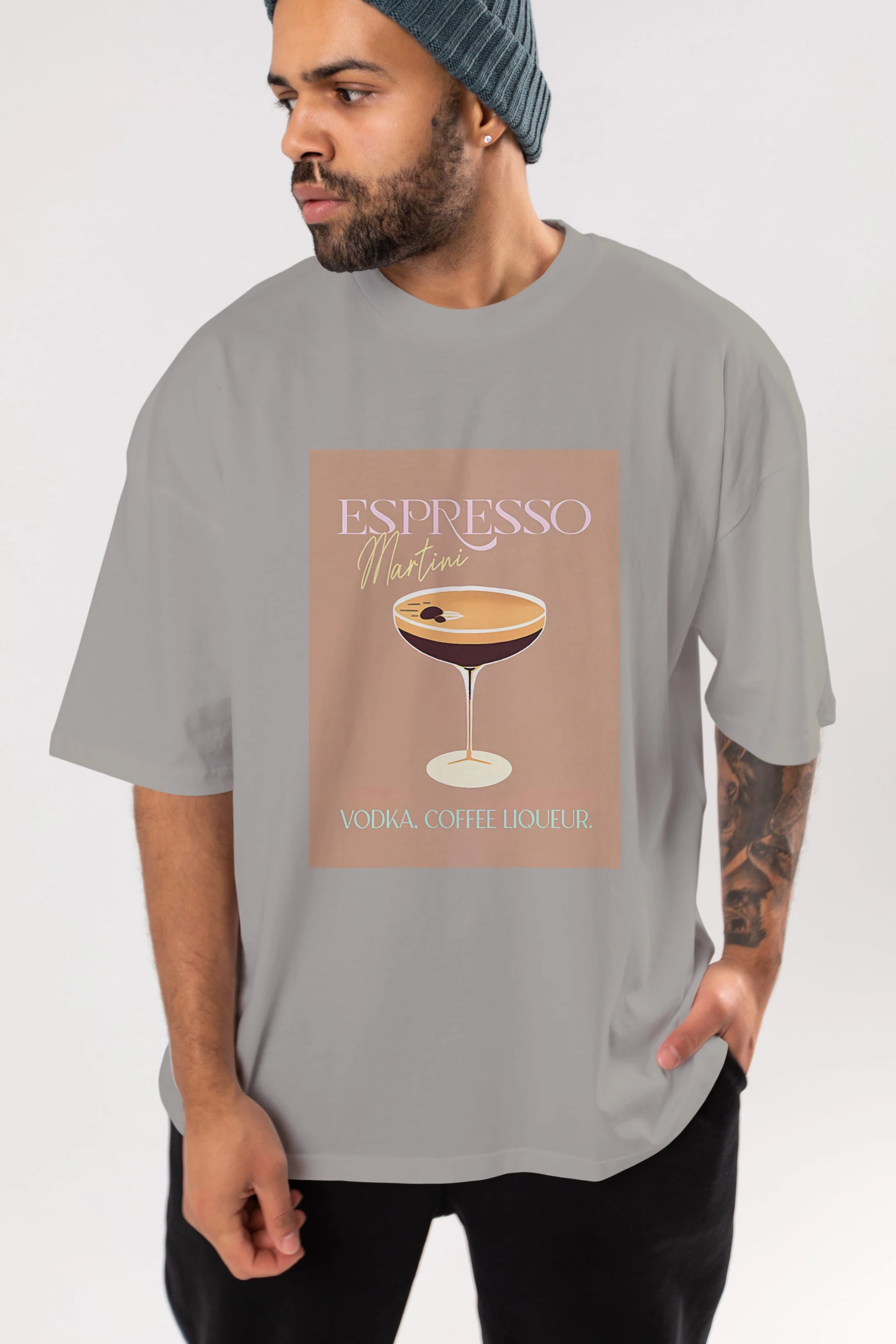 Espresso Martini Cocktail Ön Baskılı Oversize t-shirt Erkek Kadın Unisex %100 Pamuk Bisiklet Yaka tişort