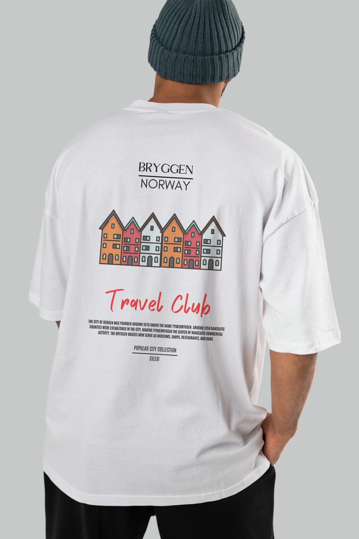Bryggen Norway Arka Baskılı Oversize t-shirt Erkek Kadın Pamuk Bisiklet Yaka tişort