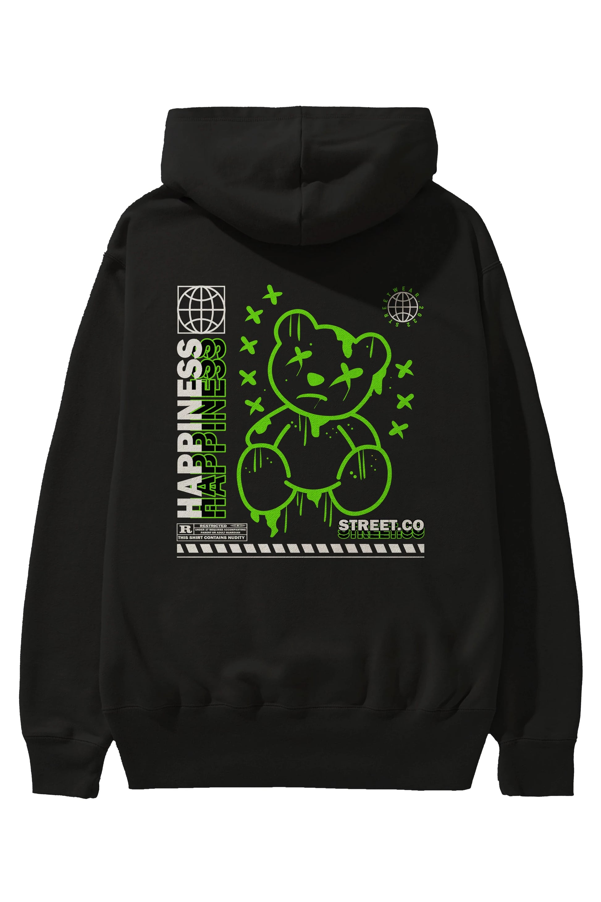 Happiness Bear 3 Arka Baskılı Hoodie Oversize Kapüşonlu Sweatshirt Erkek Kadın Unisex