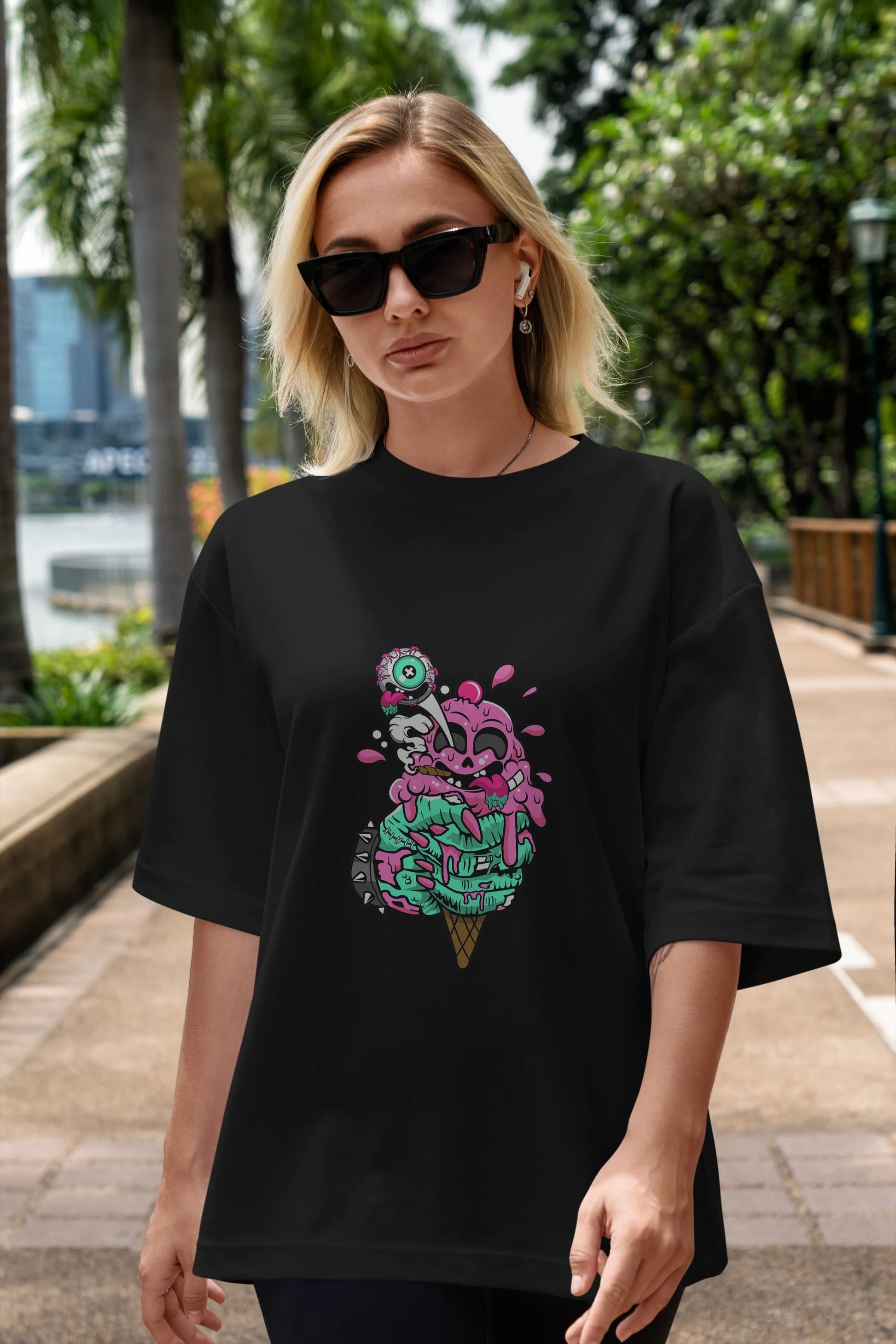 Ice Cream Zombie Ön Baskılı Oversize t-shirt Erkek Kadın Unisex %100 Pamuk tişort