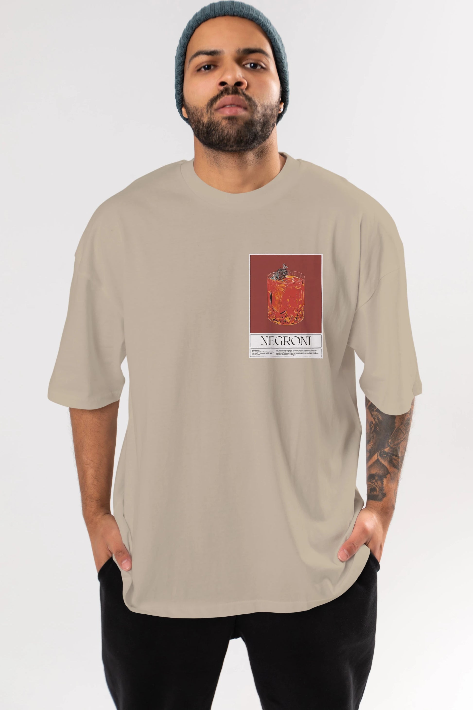 Negroni 2 Ön Sol Baskılı Oversize t-shirt Erkek Kadın Unisex %100 Pamuk Bisiklet Yaka tişort