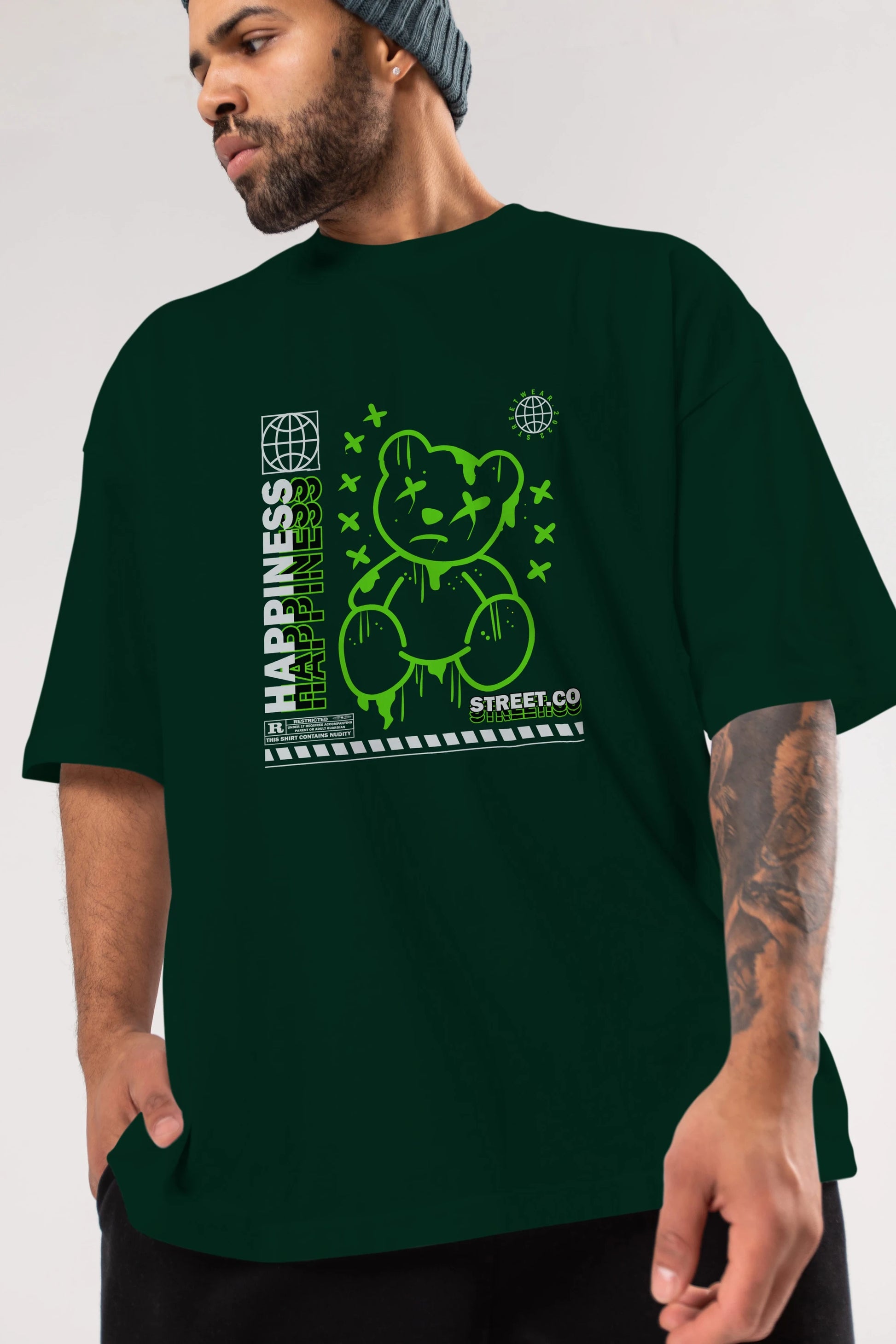 Happiness Bear 3 Ön Baskılı Oversize t-shirt Erkek Kadın Unisex