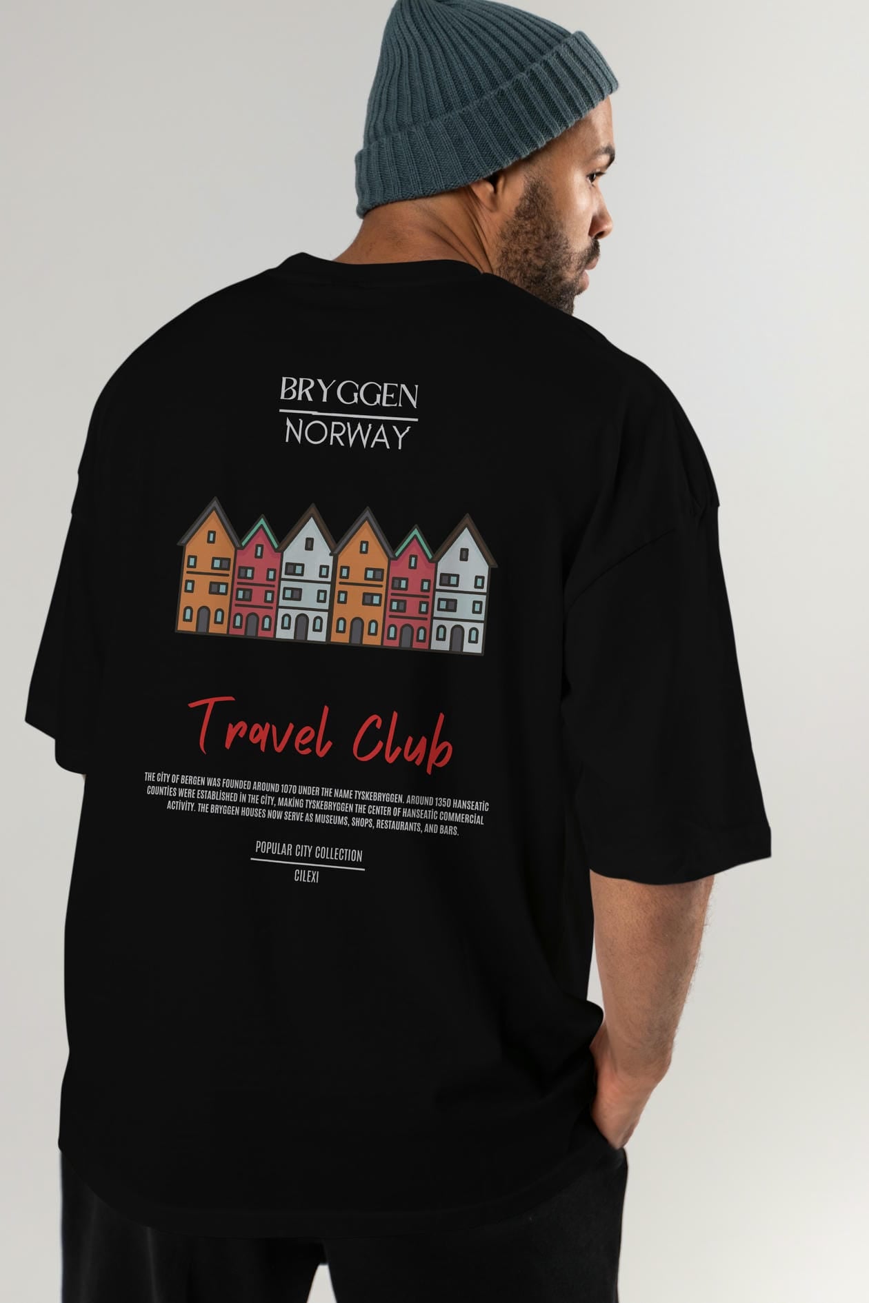 Bryggen Norway Arka Baskılı Oversize t-shirt Erkek Kadın Pamuk Bisiklet Yaka tişort