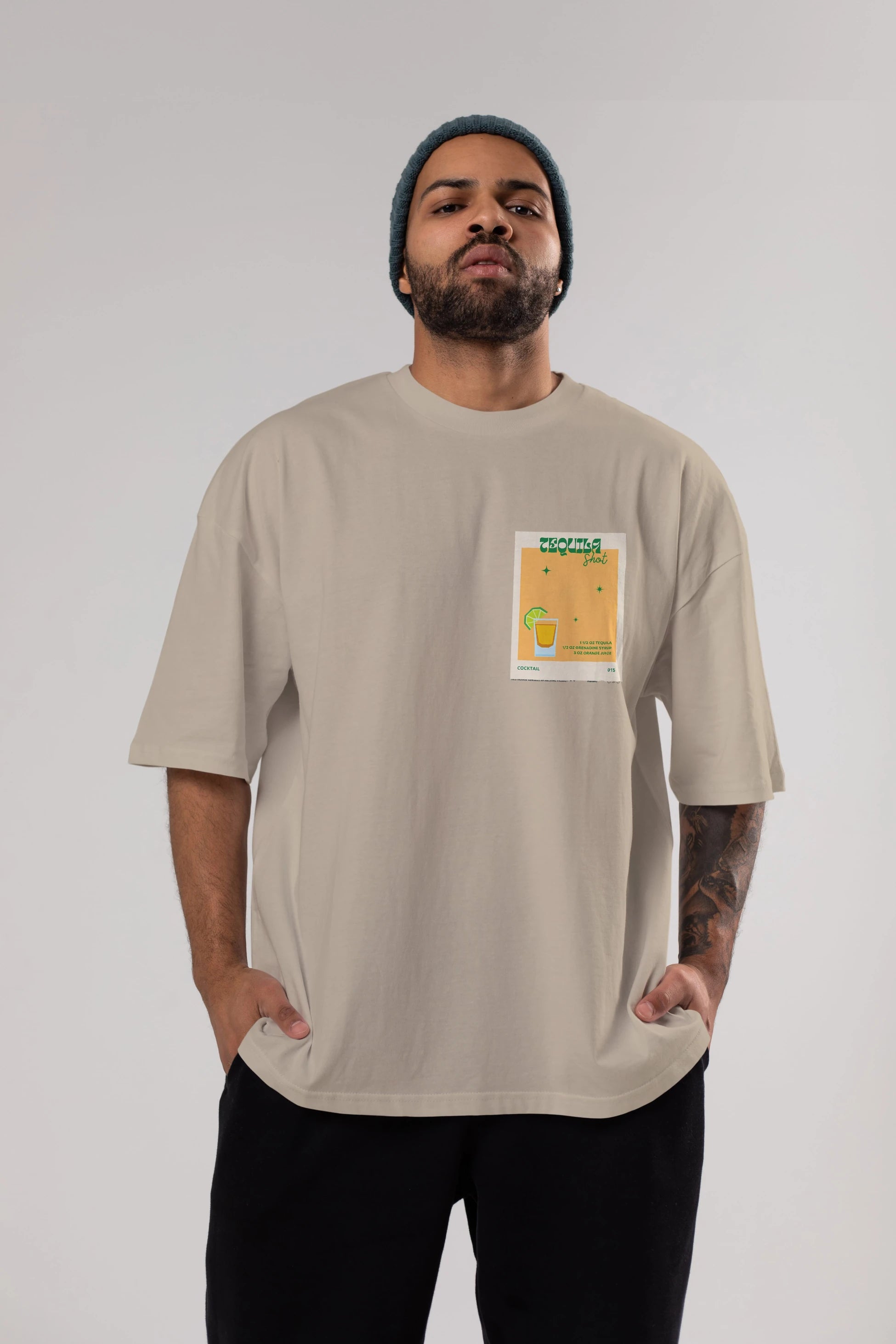 Tequila Shot 2 Ön Sol Baskılı Oversize t-shirt Erkek Kadın Unisex %100 Pamuk Bisiklet Yaka tişort