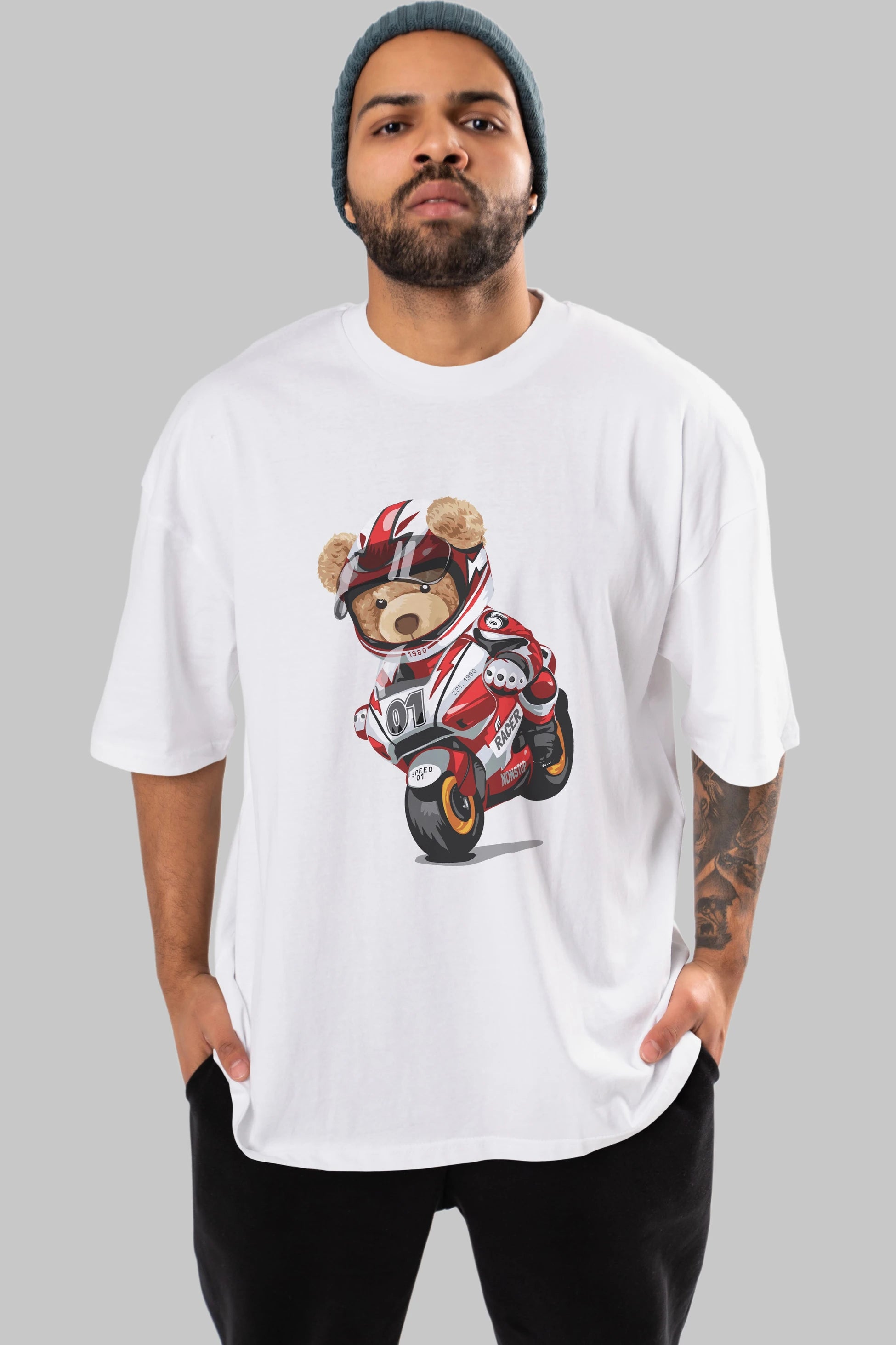 Teddy Bear Racer Ön Baskılı Oversize t-shirt Erkek Kadın Unisex %100 Pamuk