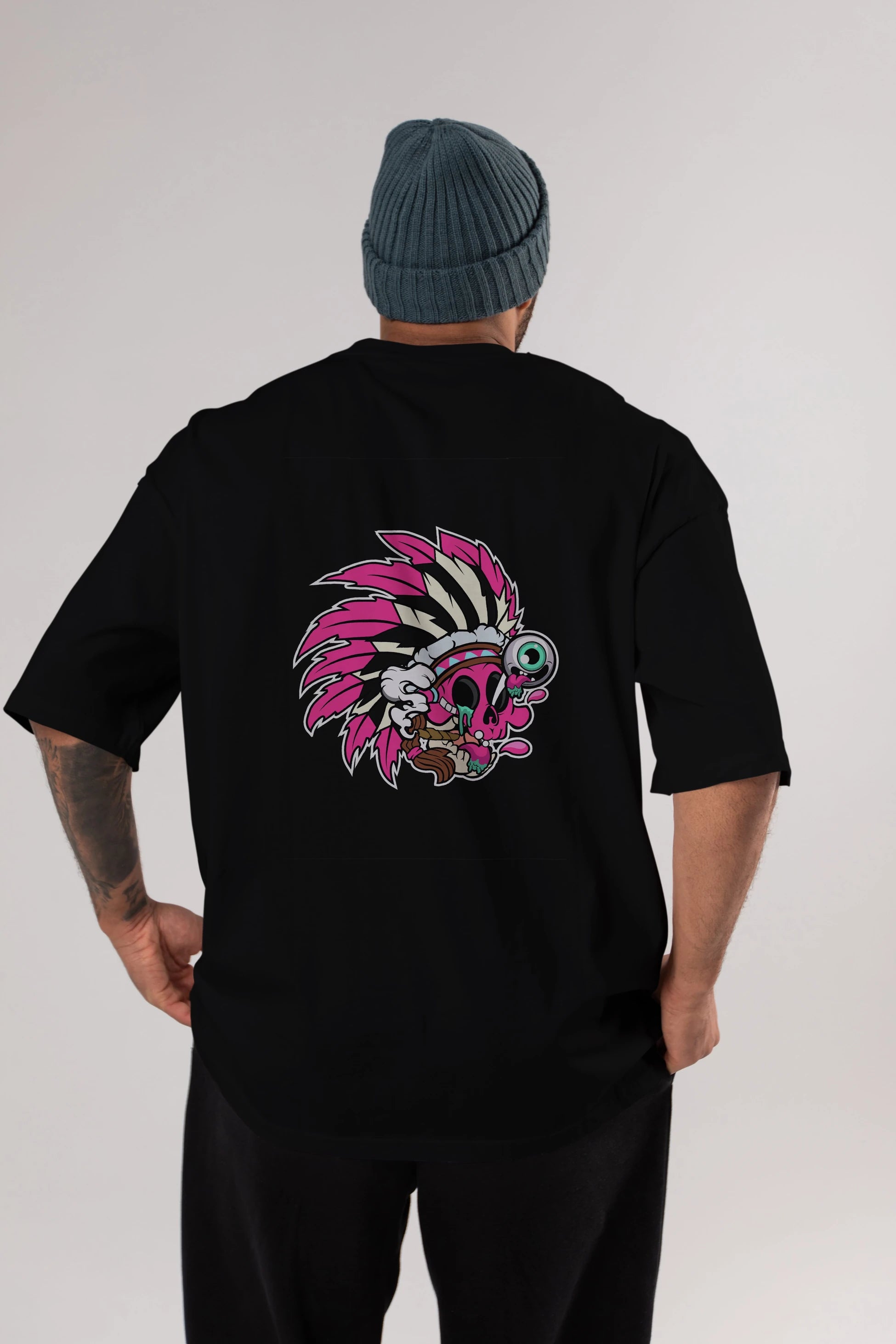 Skull Indian Arka Baskılı Oversize t-shirt Erkek Kadın Unisex %100 Pamuk tişort