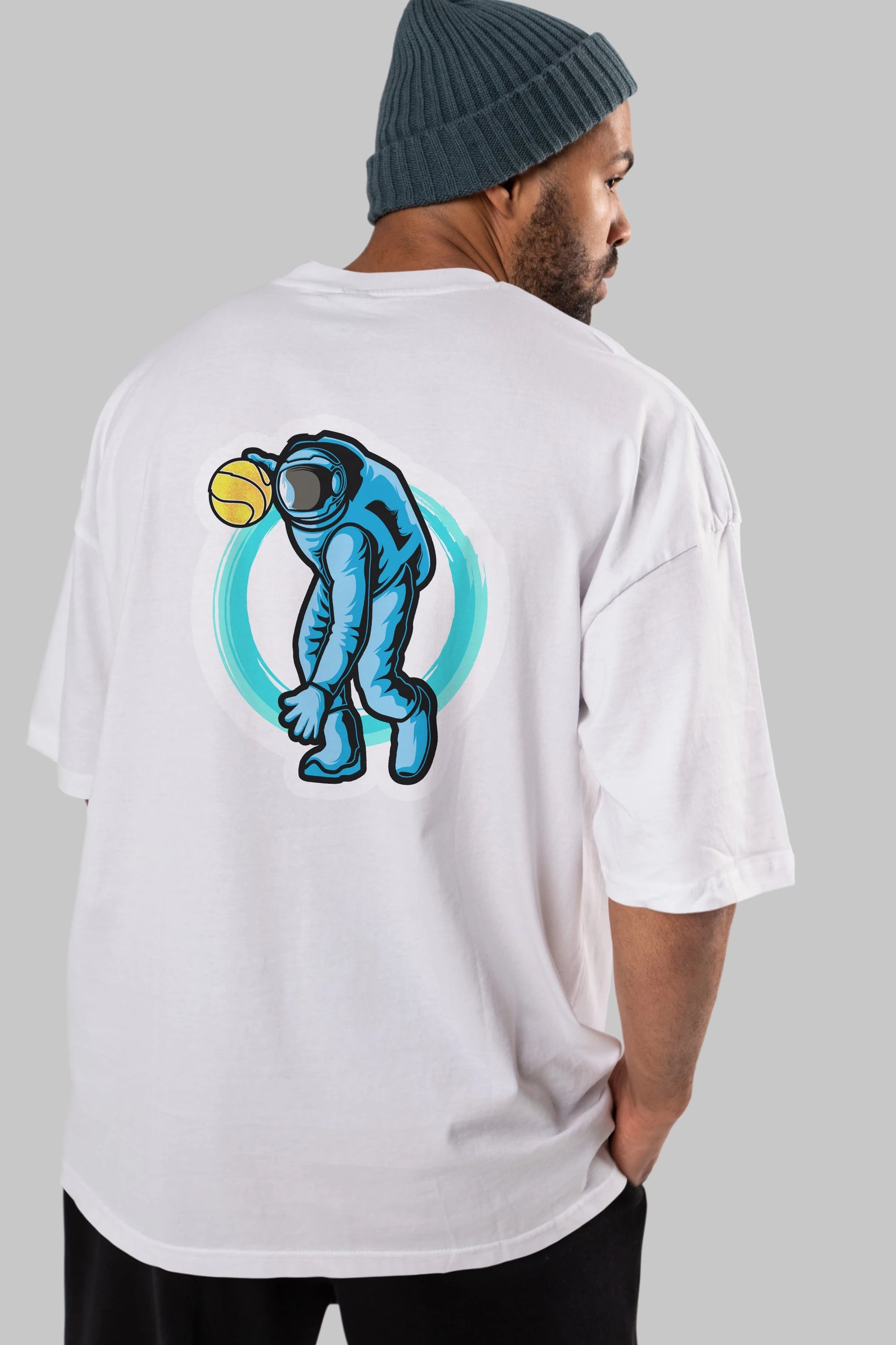 Astronaut Dribble Sticker Arka Baskılı Oversize t-shirt Erkek Kadın Unisex