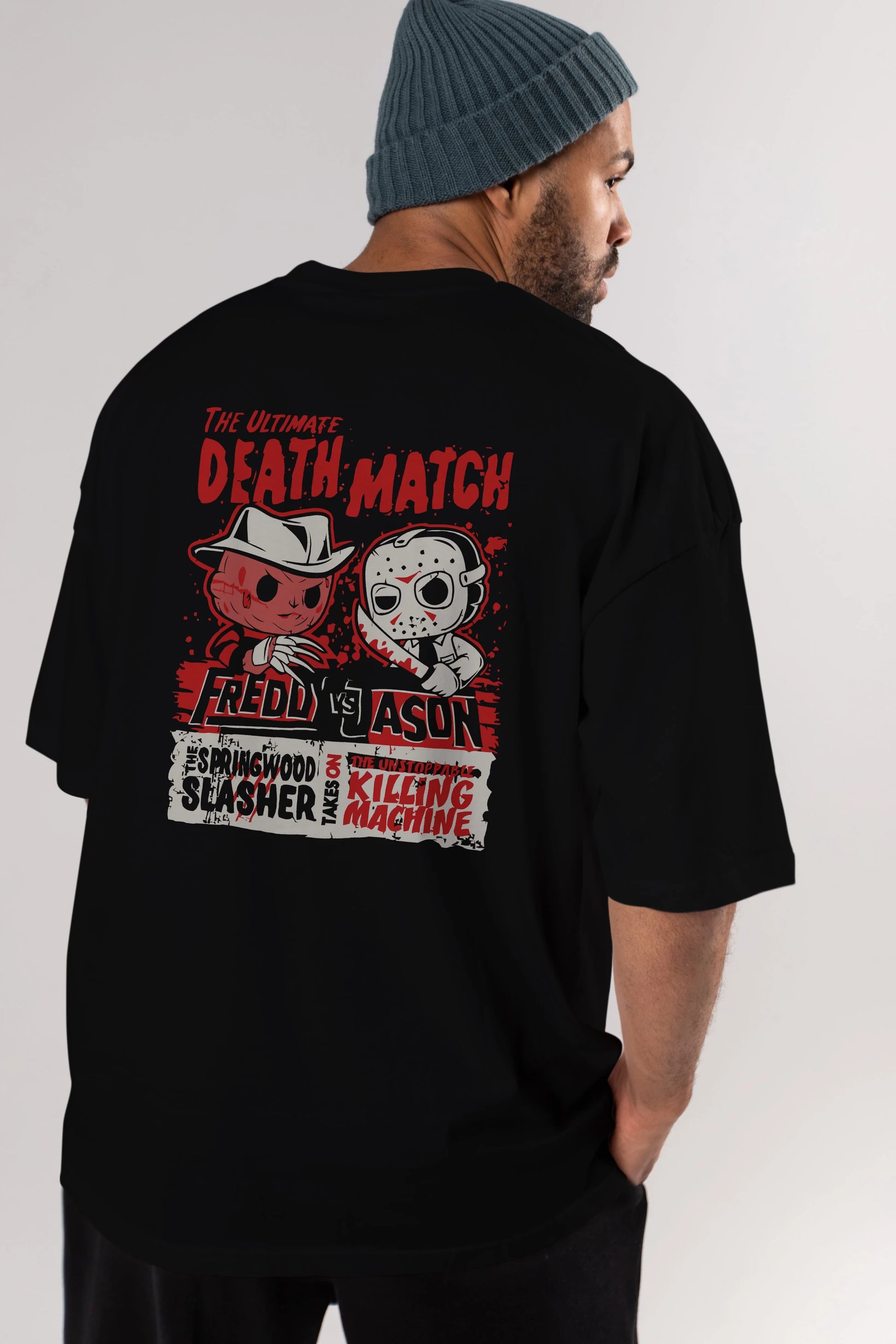 Freddy vs Jason Arka Baskılı Oversize t-shirt Erkek Kadın Unisex %100 Pamuk Bisiklet Yaka tişort