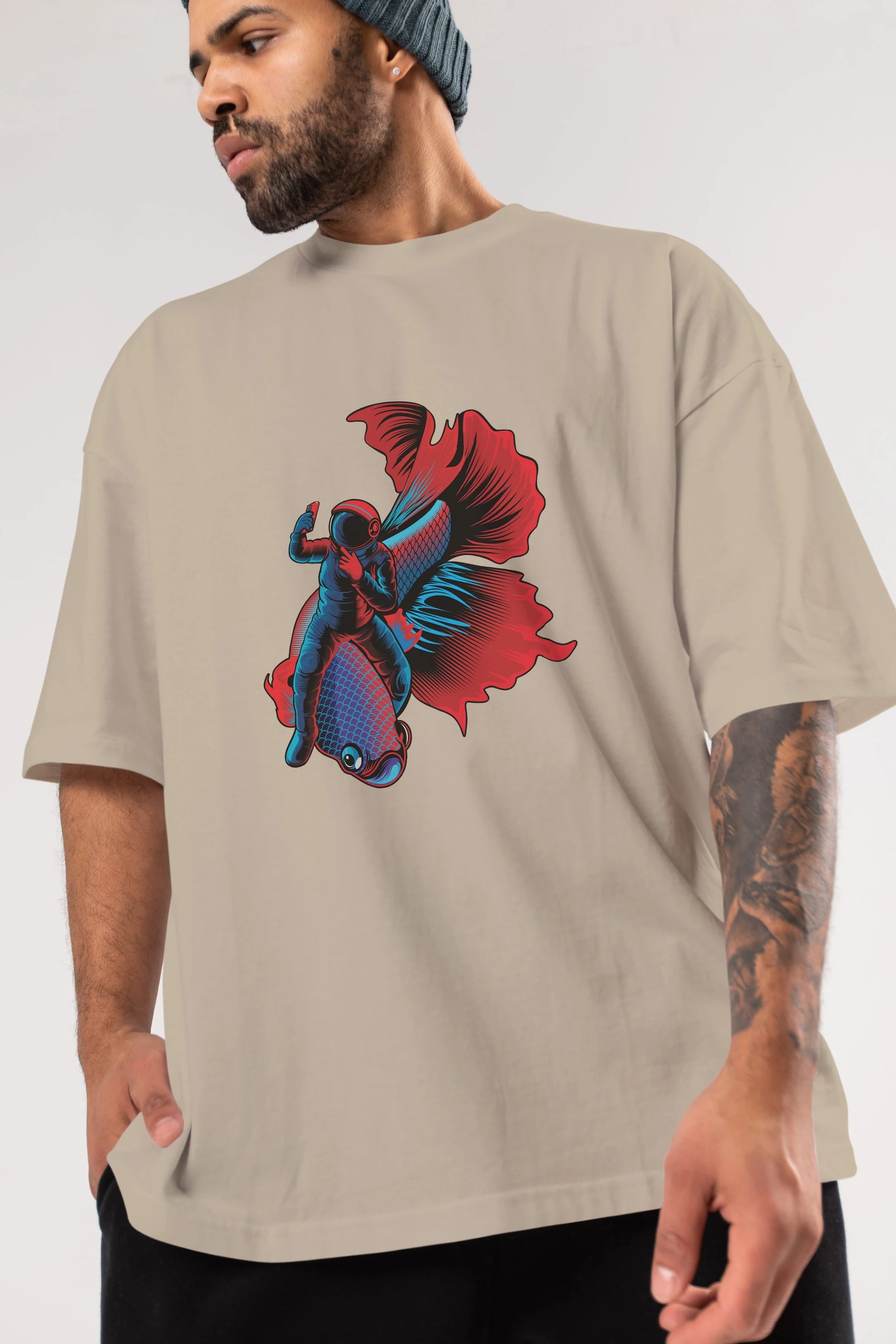 Astrofish selfie Ön Baskılı Oversize t-shirt Erkek Kadın Unisex
