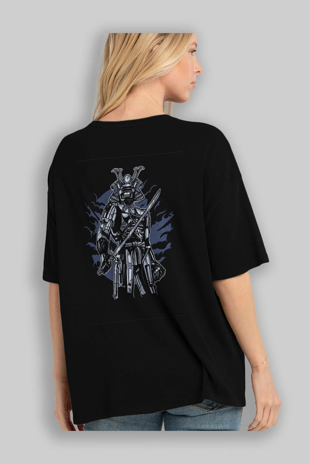 Samurai Robot Skull Arka Baskılı Oversize t-shirt Erkek Kadın Unisex %100 Pamuk