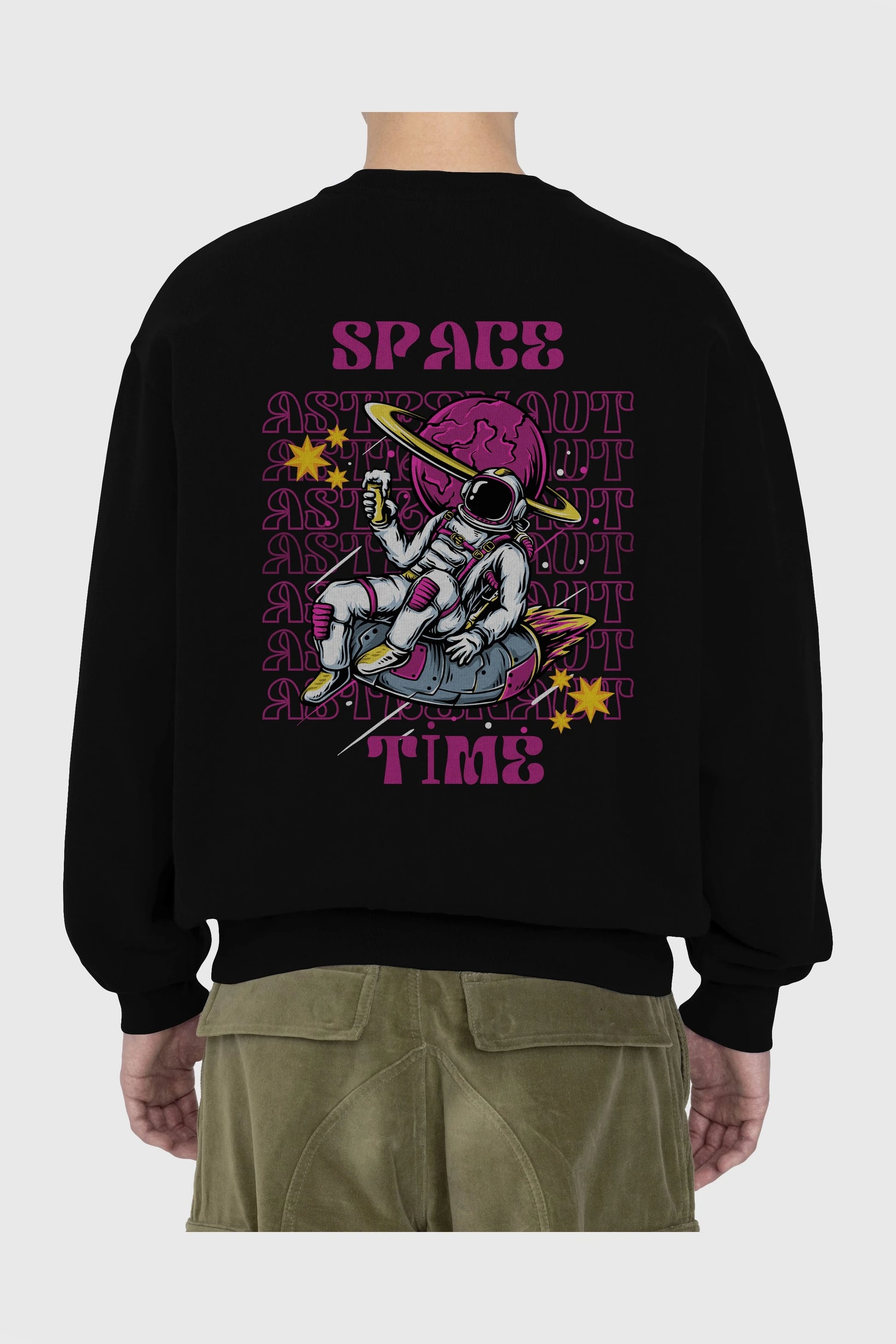 Space Time Astronaut Yazılı Arka Baskılı Oversize Sweatshirt Erkek Kadın Unisex