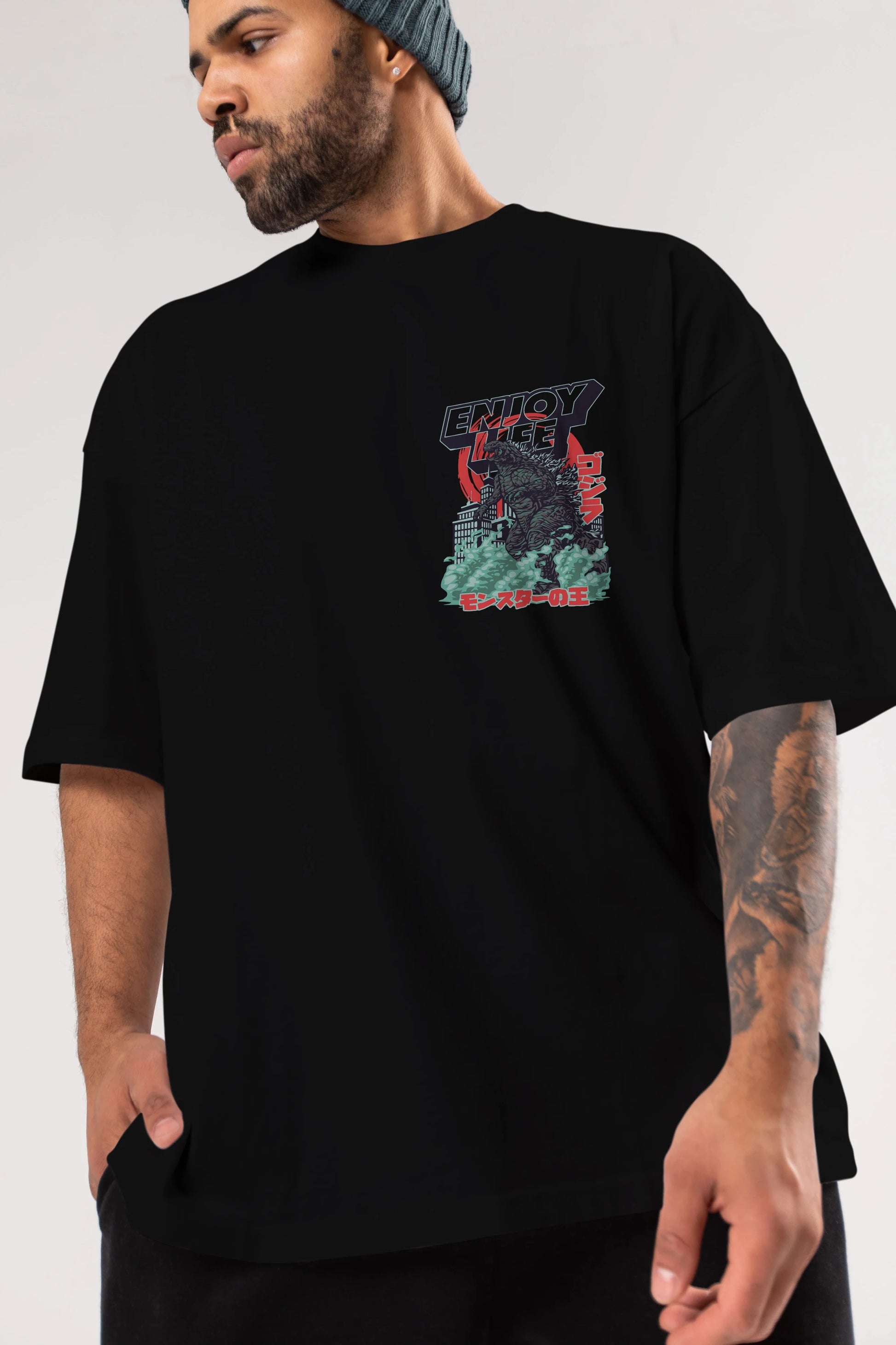 Godzilla Ön Sol Baskılı Oversize t-shirt Erkek Kadın Unisex %100 Pamuk Bisiklet Yaka tişort