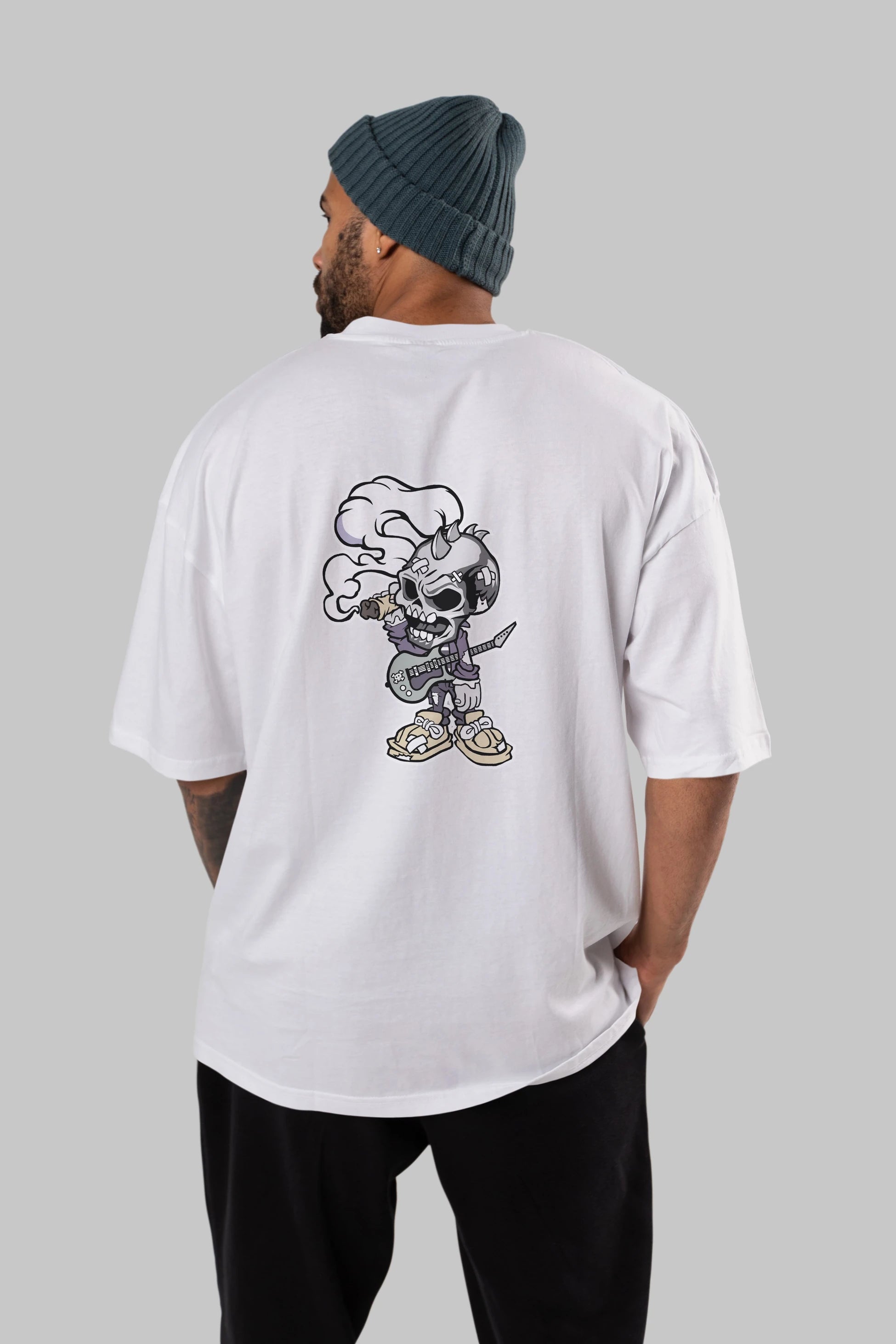 Skull Smoker Punk Rocker Arka Baskılı Oversize t-shirt Erkek Kadın Unisex %100 Pamuk tişort