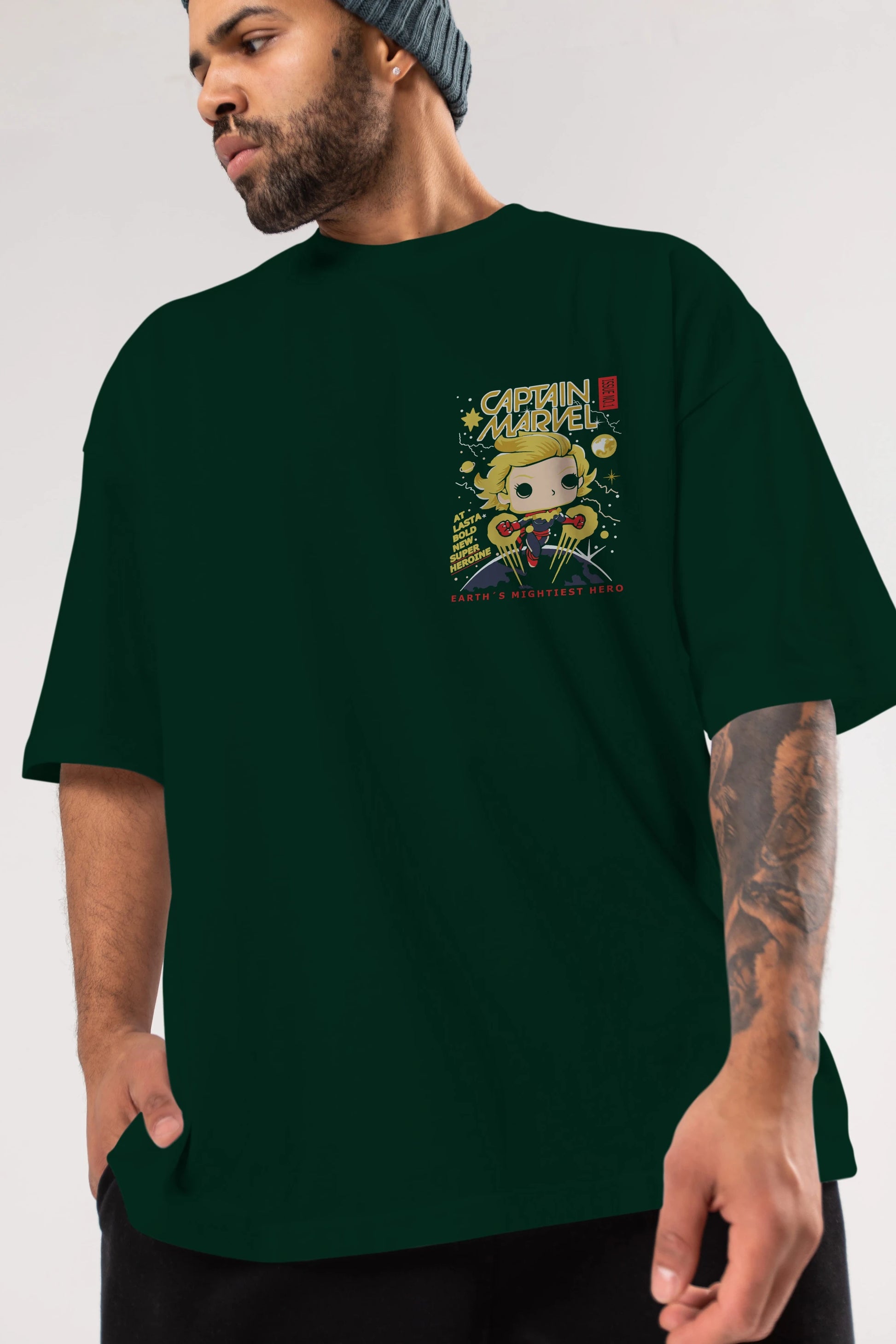Captain Marvel Ön Sol Baskılı Oversize t-shirt Erkek Kadın Unisex %100 Pamuk Bisiklet Yaka tişort