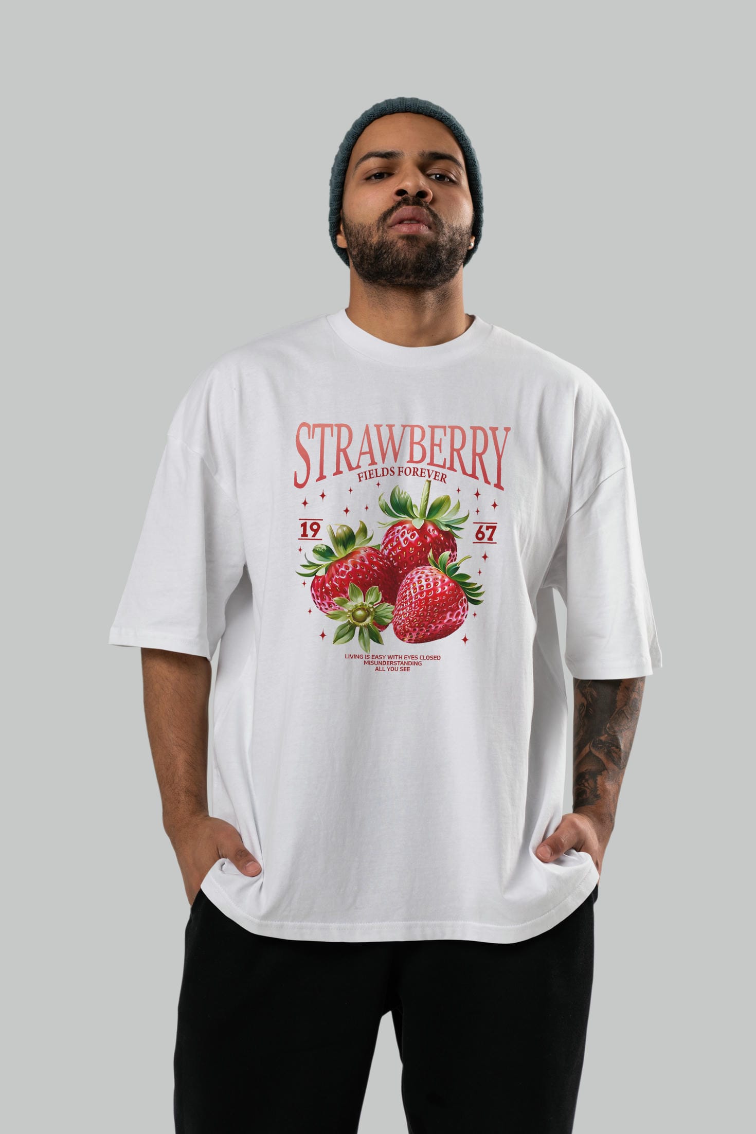 Strawberry Ön Baskılı Oversize t-shirt Erkek Kadın Pamuk Bisiklet Yaka tişort