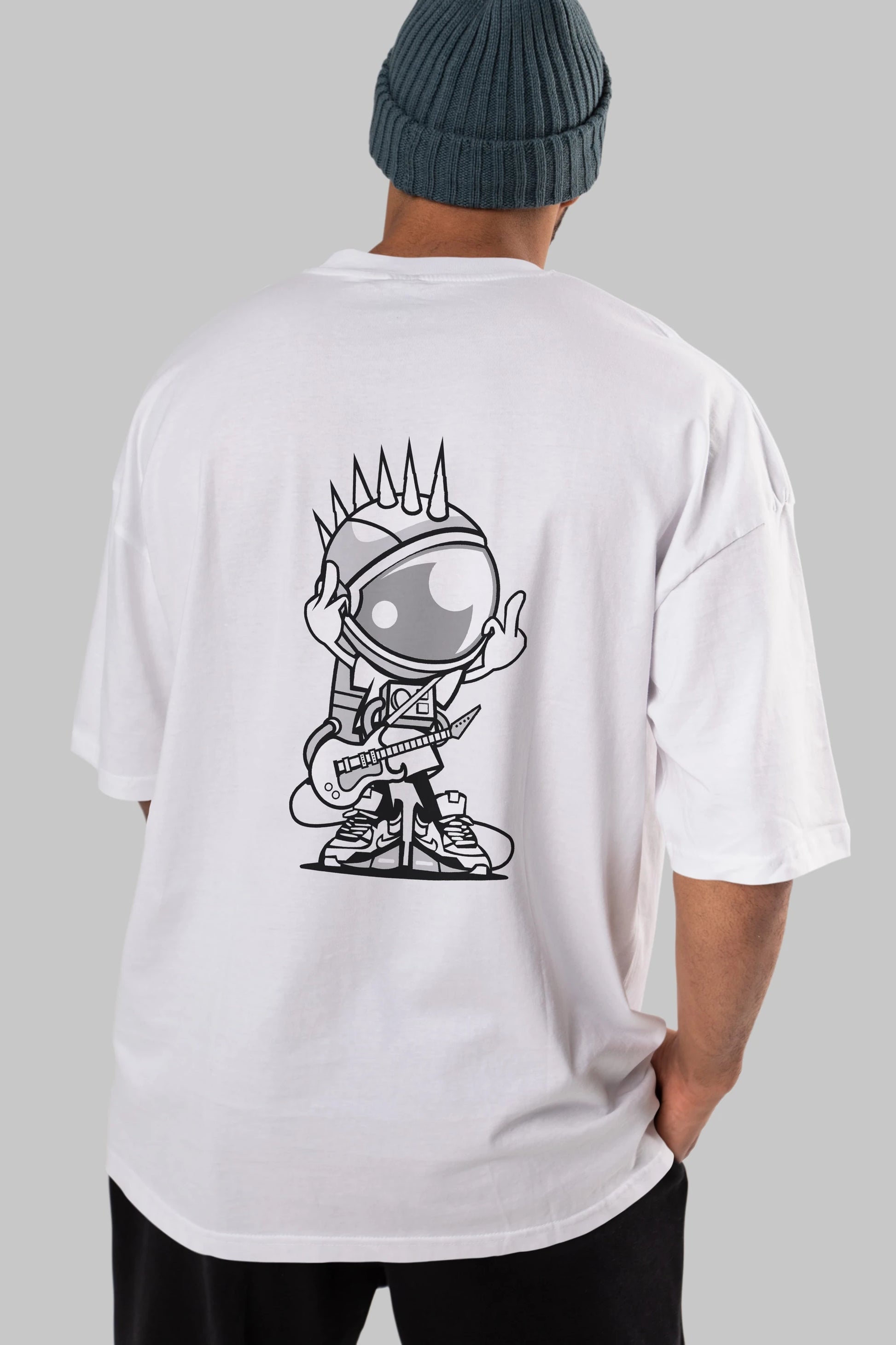 Astronaut Punk Rock Arka Baskılı Oversize t-shirt Erkek Kadın Unisex %100 Pamuk tişort
