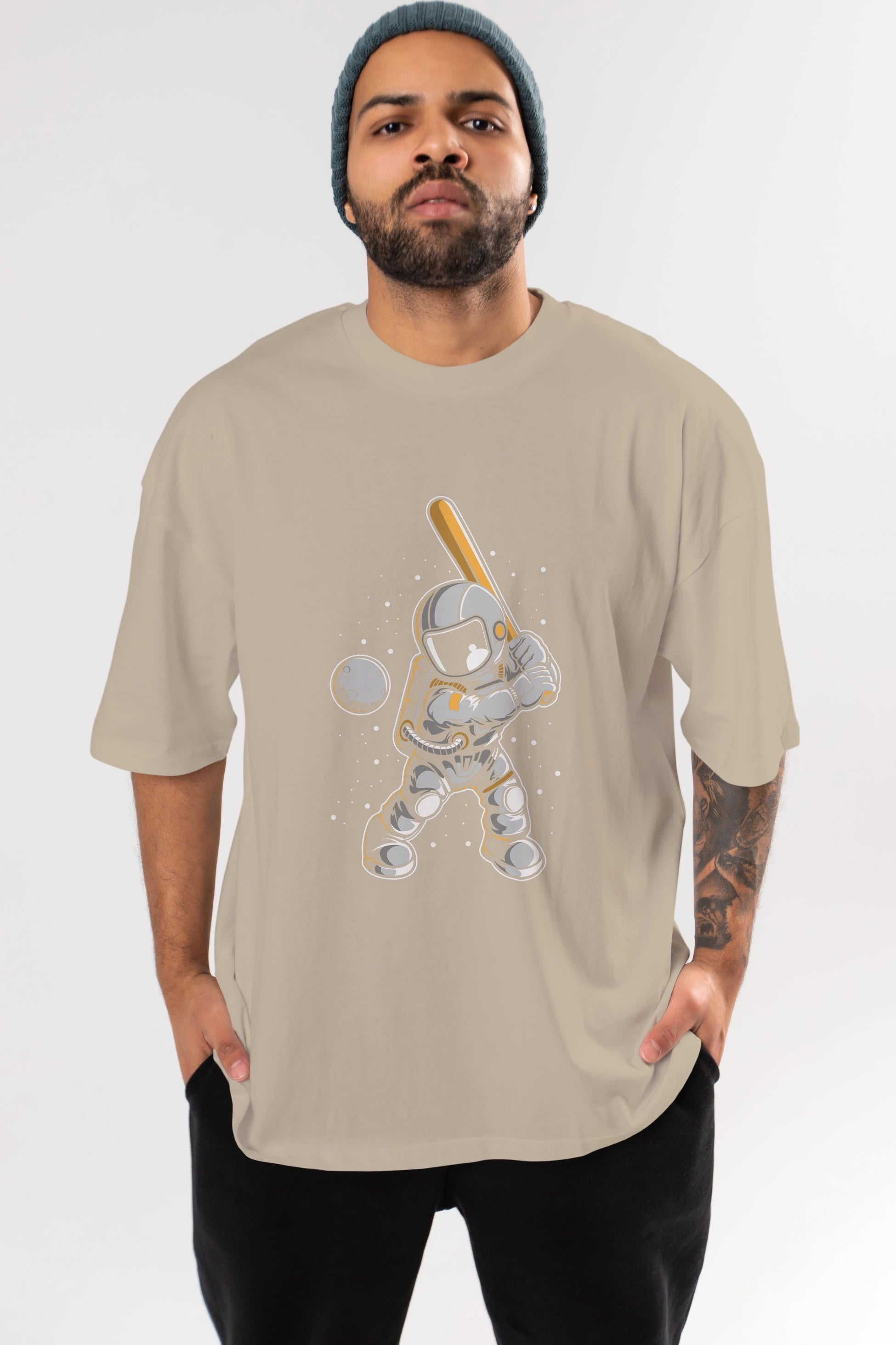 Astronaut Baseball Ön Baskılı Oversize t-shirt Erkek Kadın Unisex